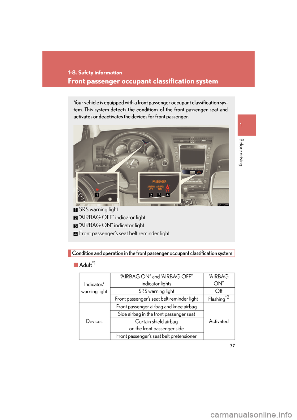 Lexus GS450h 2007  Do-it-yourself maintenance / LEXUS 2007 GS450H FROM JULY 2006 PROD. OWNERS MANUAL (OM30A05U) 77
1
1-8. Safety information
Before driving
Front passenger occupant classification system
Condition and operation in the front passenger occupant classification system
■Adult*1
Your vehicle is equi