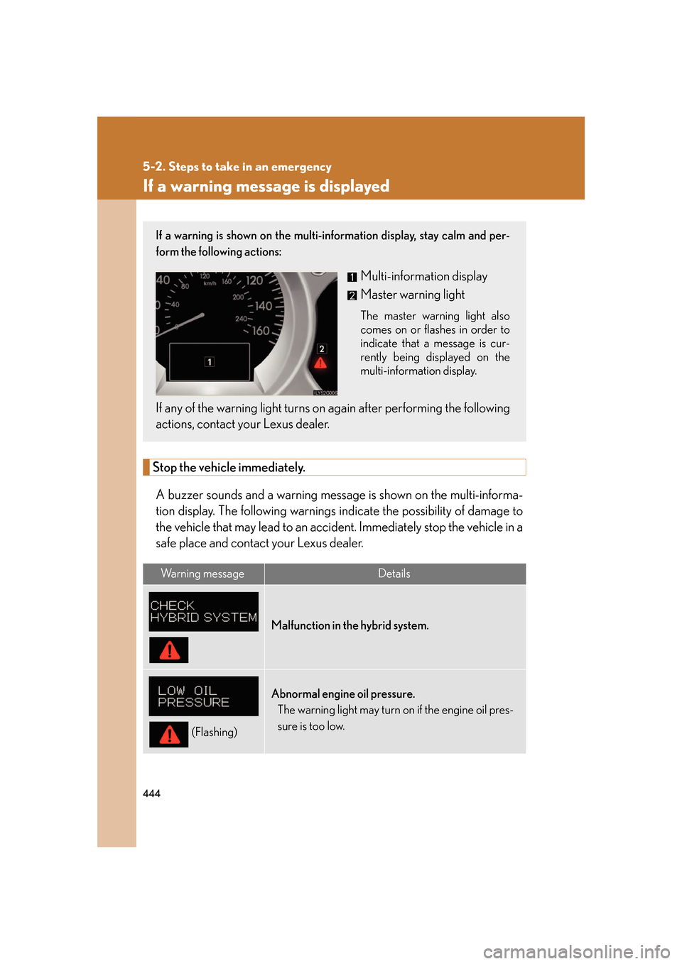 Lexus GS450h 2007  Using the audio system / LEXUS 2007 GS450H FROM JULY 2006 PROD. OWNERS MANUAL (OM30A05U) 444
5-2. Steps to take in an emergency
If a warning message is displayed
Stop the vehicle immediately.A buzzer sounds and a warning message  is shown on the multi-informa-
tion display. The following 