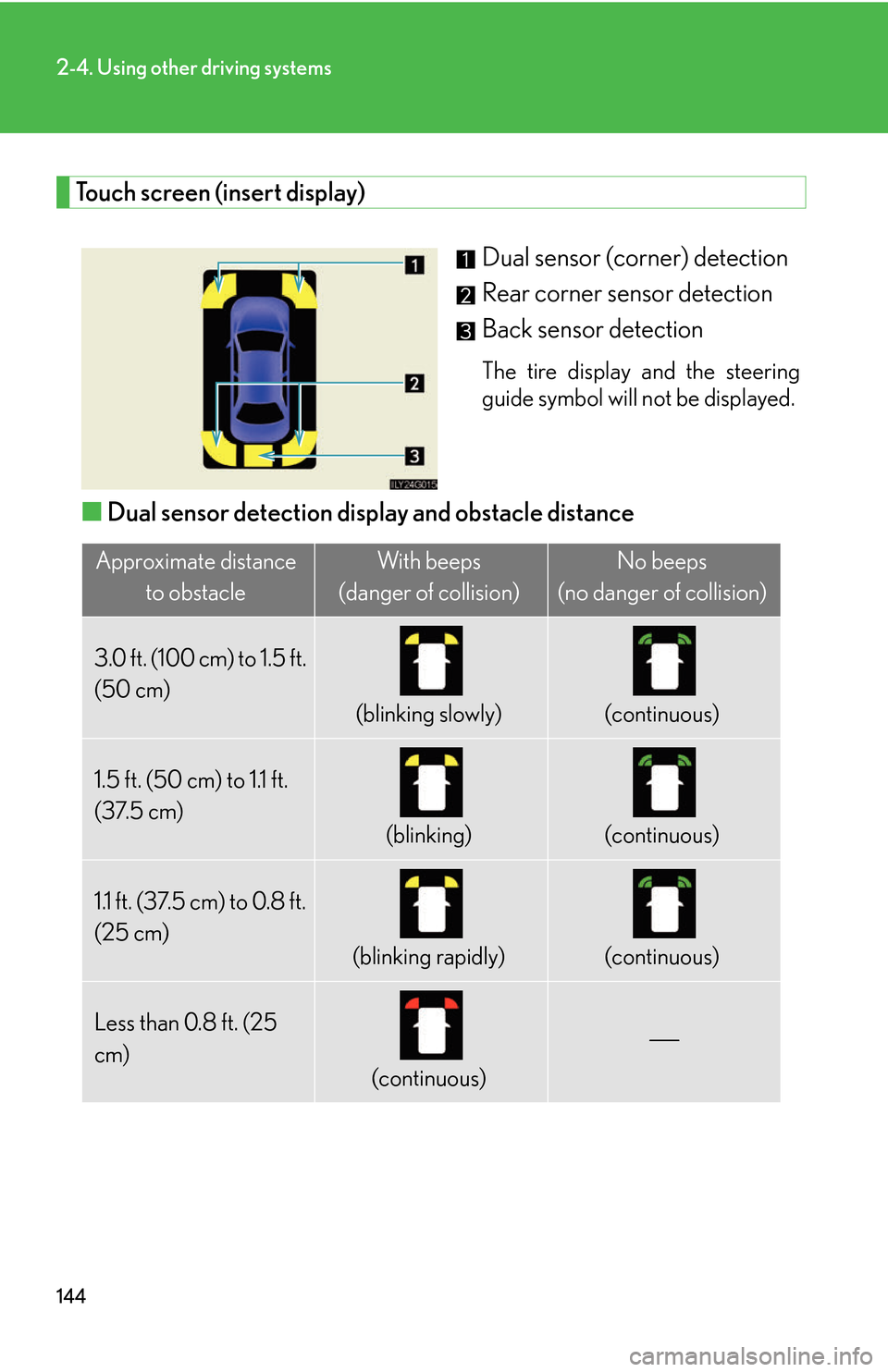 Lexus GS450h 2007 Scheduled Maintenance Guide / LEXUS 2007 GS450H THROUGH JUNE 2006 PROD. (OM30727U) User Guide 144
2-4. Using other driving systems
Touch screen (insert display)
Dual sensor (corner) detection
Rear corner sensor detection
Back sensor detection
The tire display and the steering
guide symbol wil Lexus GS450h 2007 Scheduled Maintenance Guide / LEXUS 2007 GS450H THROUGH JUNE 2006 PROD. (OM30727U) User Guide 144
2-4. Using other driving systems
Touch screen (insert display)
Dual sensor (corner) detection
Rear corner sensor detection
Back sensor detection
The tire display and the steering
guide symbol wil