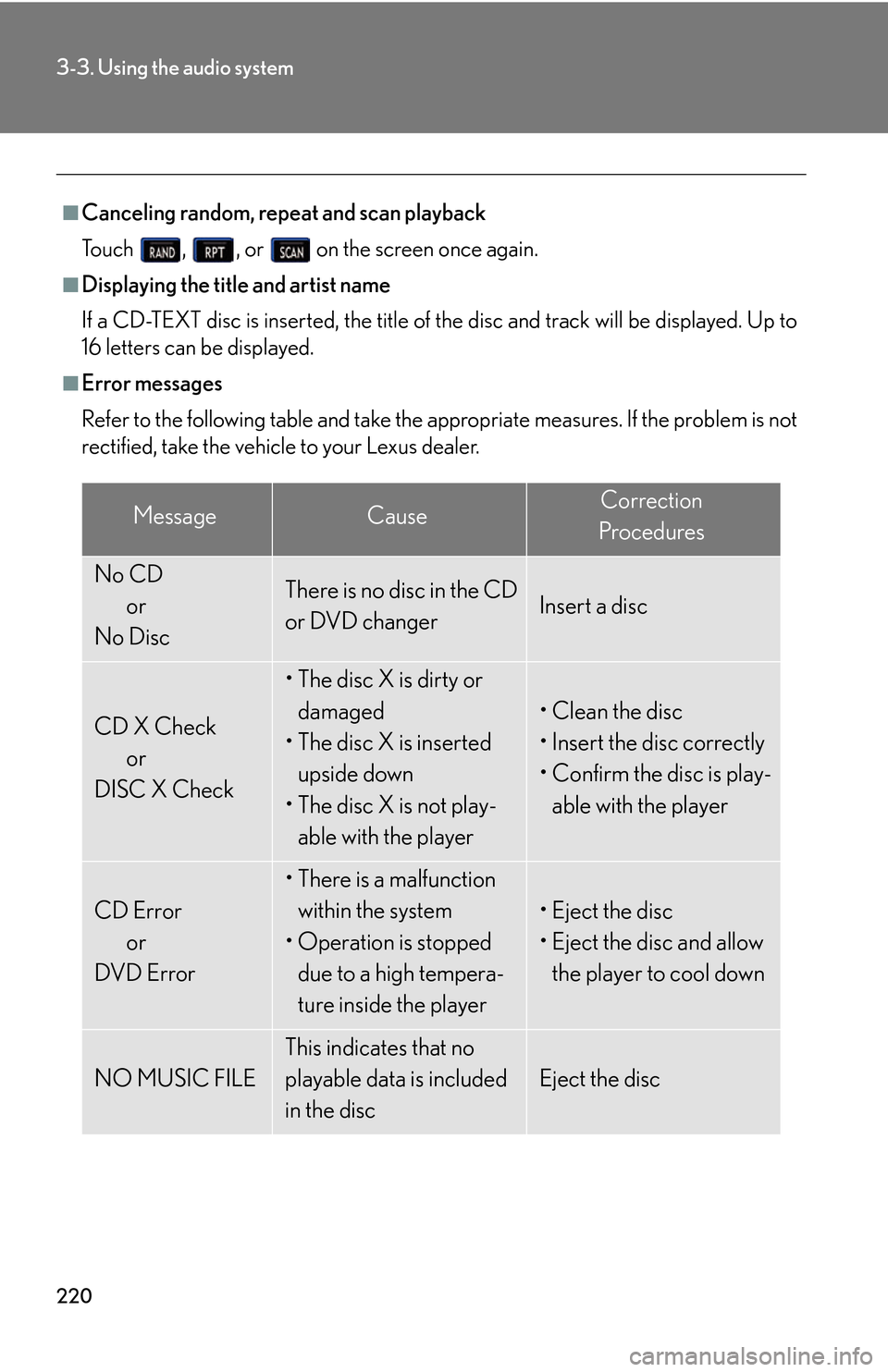 Lexus GS450h 2007 Scheduled Maintenance Guide / LEXUS 2007 GS450H THROUGH JUNE 2006 PROD. (OM30727U) User Guide 220
3-3. Using the audio system
■Canceling random, repeat and scan playback
To u c h , , or on the screen once again.
■Displaying the title and artist name
If a CD-TEXT disc is inser Lexus GS450h 2007 Scheduled Maintenance Guide / LEXUS 2007 GS450H THROUGH JUNE 2006 PROD. (OM30727U) User Guide 220
3-3. Using the audio system
■Canceling random, repeat and scan playback
To u c h , , or on the screen once again.
■Displaying the title and artist name
If a CD-TEXT disc is inser