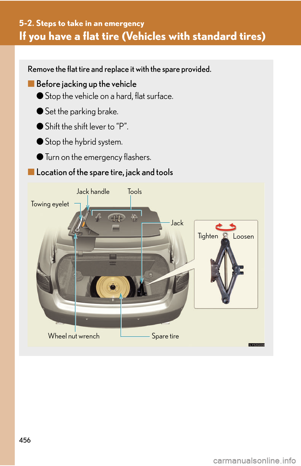 Lexus GS450h 2007 Scheduled Maintenance Guide / LEXUS 2007 GS450H THROUGH JUNE 2006 PROD. OWNERS MANUAL (OM30727U) 456
5-2. Steps to take in an emergency
If you have a flat tire (Vehicles with standard tires)
Remove the flat tire and replace it with the spare provided.
■Before jacking up the vehicle
●Stop the Lexus GS450h 2007 Scheduled Maintenance Guide / LEXUS 2007 GS450H THROUGH JUNE 2006 PROD. OWNERS MANUAL (OM30727U) 456
5-2. Steps to take in an emergency
If you have a flat tire (Vehicles with standard tires)
Remove the flat tire and replace it with the spare provided.
■Before jacking up the vehicle
●Stop the