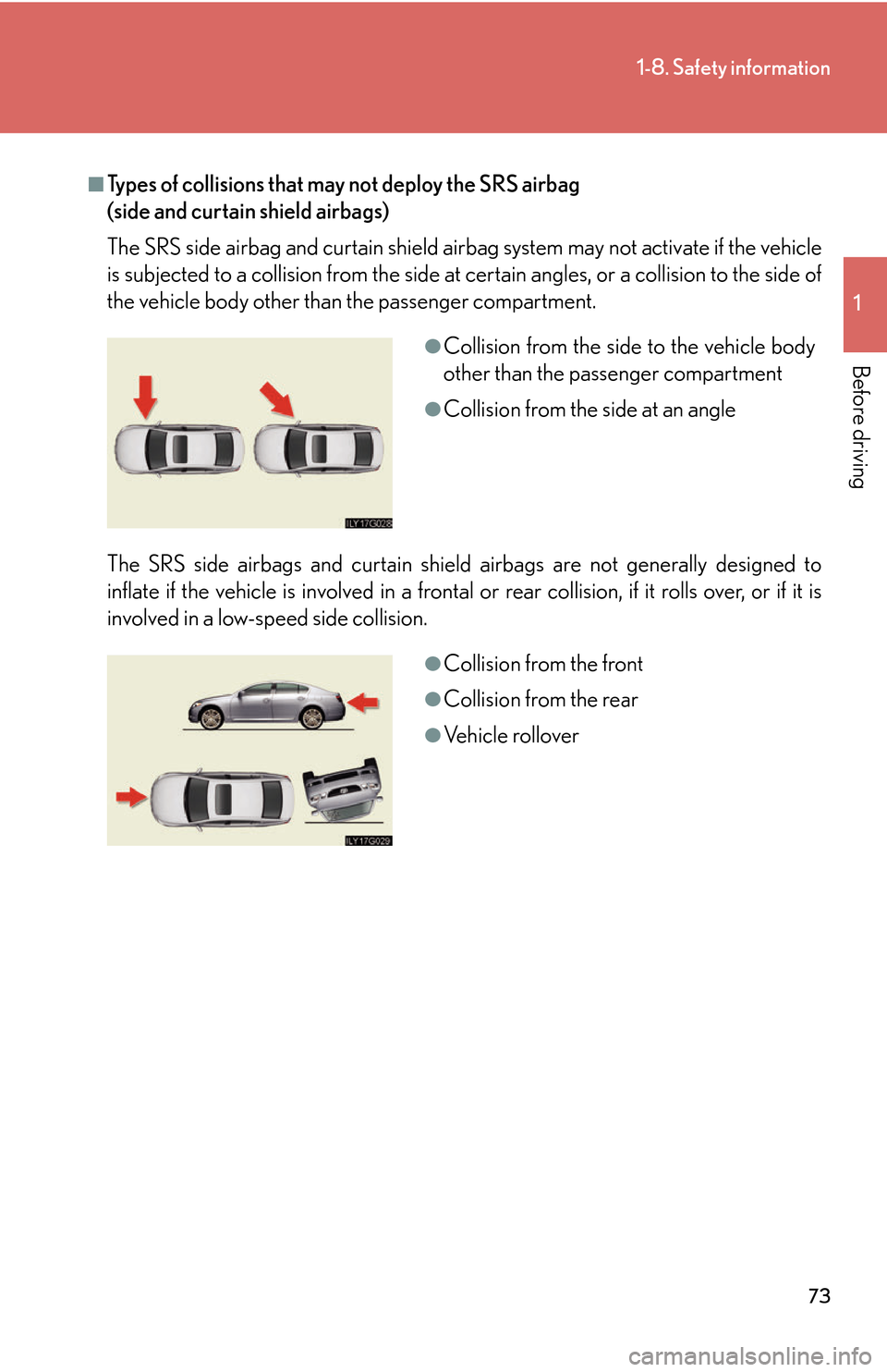 Lexus GS450h 2007 Scheduled Maintenance Guide / LEXUS 2007 GS450H THROUGH JUNE 2006 PROD. (OM30727U) Owners Manual 73
1-8. Safety information
1
Before driving
■Types of collisions that may not deploy the SRS airbag
(side and curtain shield airbags)
The SRS side airbag and curtain shield airbag system may not Lexus GS450h 2007 Scheduled Maintenance Guide / LEXUS 2007 GS450H THROUGH JUNE 2006 PROD. (OM30727U) Owners Manual 73
1-8. Safety information
1
Before driving
■Types of collisions that may not deploy the SRS airbag
(side and curtain shield airbags)
The SRS side airbag and curtain shield airbag system may not