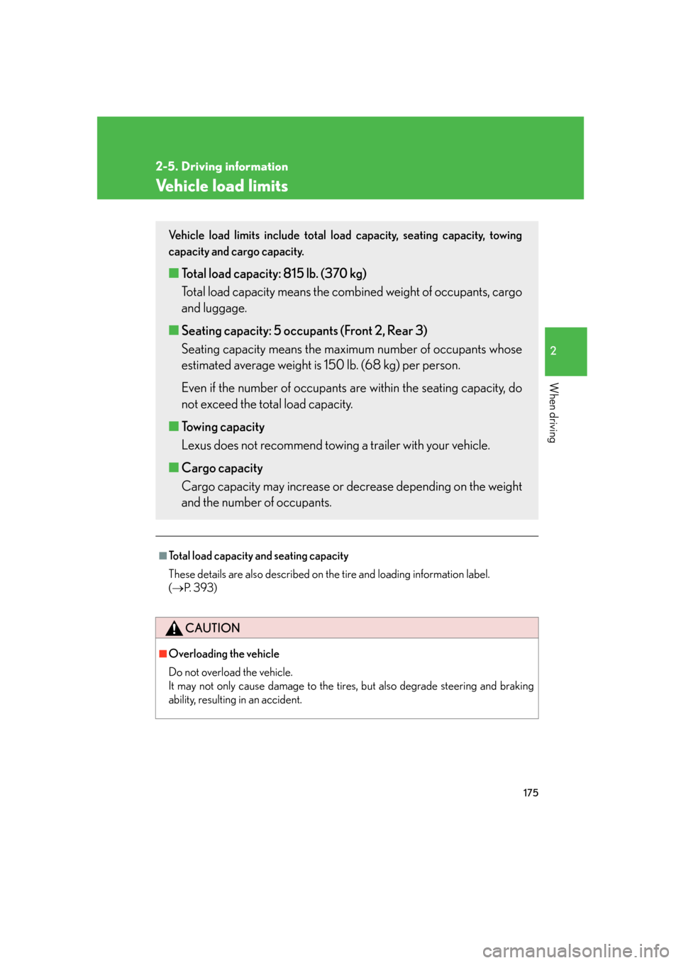 Lexus GS450h 2007  Scheduled Maintenance Guide / LEXUS 2007 GS450H FROM JULY 2006 PROD. OWNERS MANUAL (OM30A05U) 175
2-5. Driving information
2
When driving
Vehicle load limits
■Total load capacity and seating capacity
These details are also described on the tire and loading information label. 
(  P. 393