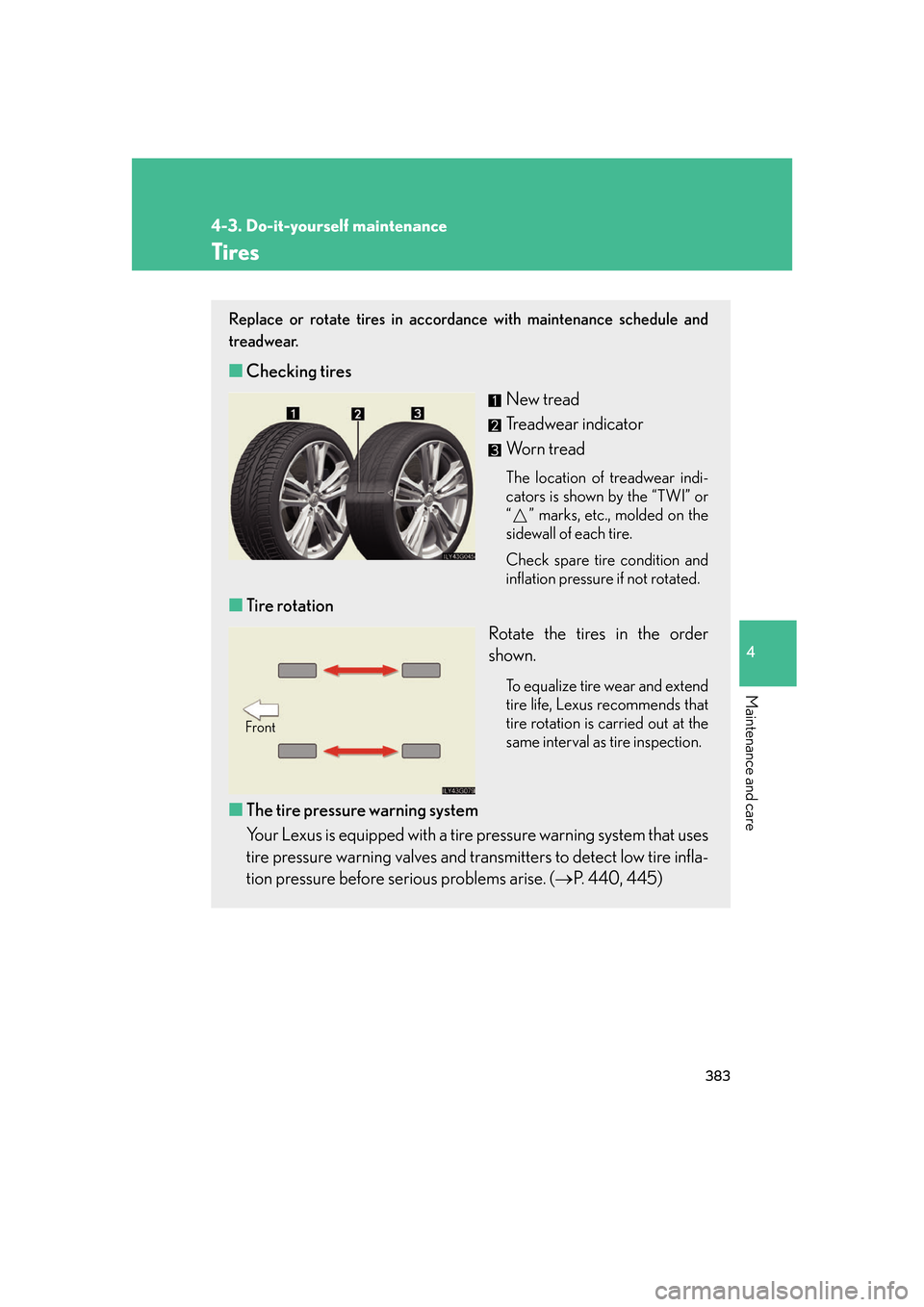Lexus GS450h 2007  Scheduled Maintenance Guide / LEXUS 2007 GS450H FROM JULY 2006 PROD. OWNERS MANUAL (OM30A05U) 383
4-3. Do-it-yourself maintenance
4
Maintenance and care
Tires
Replace or rotate tires in accordance with maintenance schedule and 
treadwear.
■Checking tires
New tread
Treadwear indicator
Worn tr