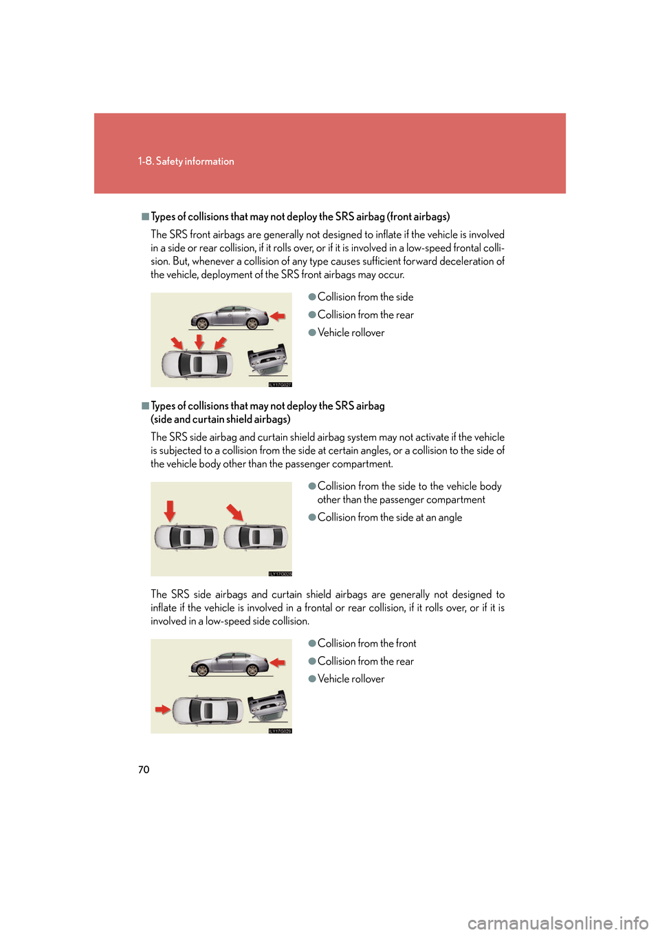 Lexus GS450h 2007 Scheduled Maintenance Guide / LEXUS 2007 GS450H FROM JULY 2006 PROD. (OM30A05U) Manual Online 70
1-8. Safety information
■Types of collisions that may not deploy the SRS airbag (front airbags)
The SRS front airbags are generally not designed to inflate if the vehicle is involved
in a side o Lexus GS450h 2007 Scheduled Maintenance Guide / LEXUS 2007 GS450H FROM JULY 2006 PROD. (OM30A05U) Manual Online 70
1-8. Safety information
■Types of collisions that may not deploy the SRS airbag (front airbags)
The SRS front airbags are generally not designed to inflate if the vehicle is involved
in a side o