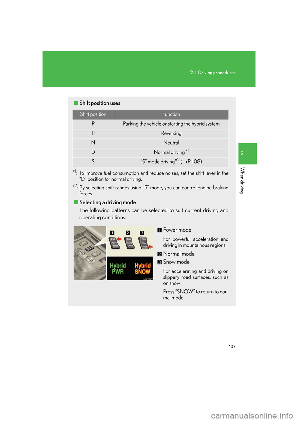 Lexus GS450h 2007  Specifications / LEXUS 2007 GS450H FROM JULY 2006 PROD. OWNERS MANUAL (OM30A05U) 107
2-1. Driving procedures
2
When driving
■Shift position uses
*1: To improve fuel consumption and reduce noises, set the shift lever in the 
“D” position for normal driving.
*
2: By selecting 