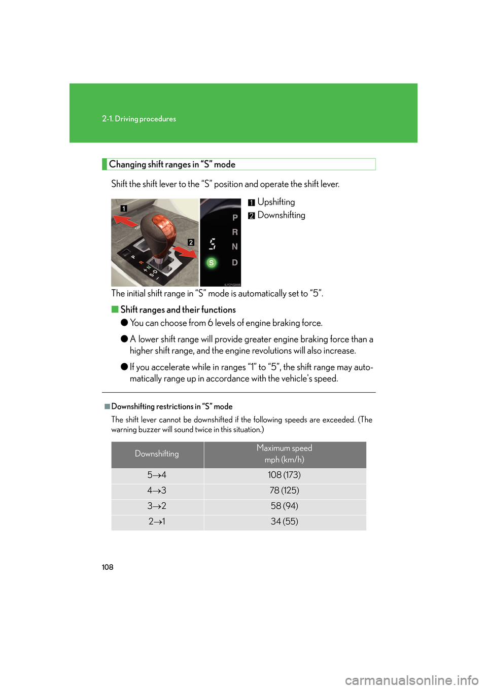 Lexus GS450h 2007 Specifications / LEXUS 2007 GS450H FROM JULY 2006 PROD. (OM30A05U) User Guide 108
2-1. Driving procedures
Changing shift ranges in “S” modeShift the shift lever to the “S” position and operate the shift lever. Upshifting
Downshifting
The initial shift range in “S” m Lexus GS450h 2007 Specifications / LEXUS 2007 GS450H FROM JULY 2006 PROD. (OM30A05U) User Guide 108
2-1. Driving procedures
Changing shift ranges in “S” modeShift the shift lever to the “S” position and operate the shift lever. Upshifting
Downshifting
The initial shift range in “S” m