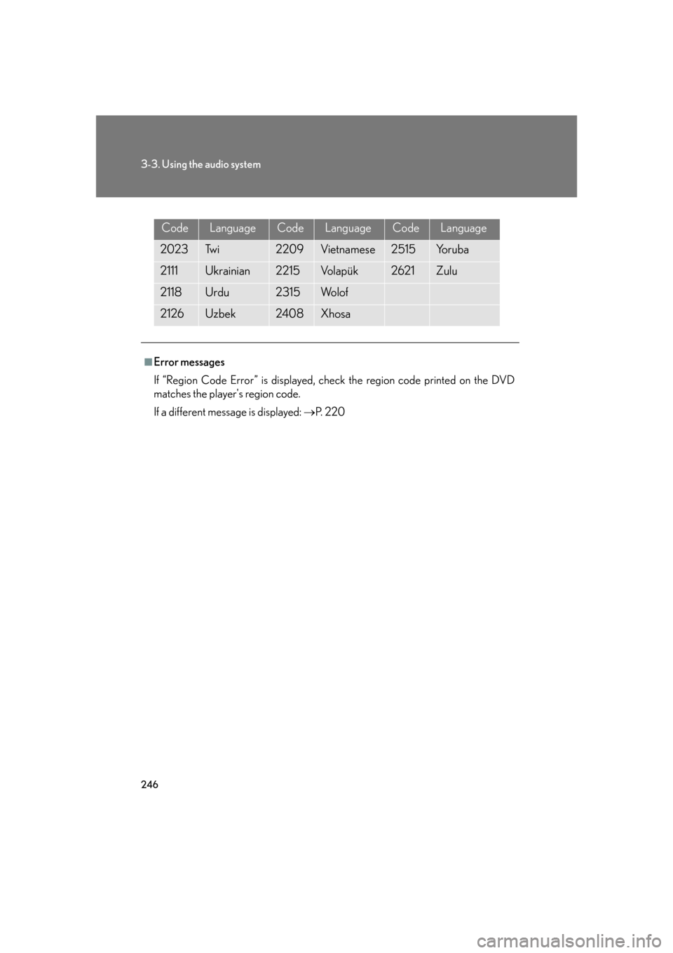 Lexus GS450h 2007  Hybrid system / LEXUS 2007 GS450H FROM JULY 2006 PROD.  (OM30A05U) Repair Manual 246
3-3. Using the audio system
CodeLanguageCodeLanguageCodeLanguage
2023Tw i2209Vietnamese2515Yo r u b a
2111Ukrainian2215Vo l a p ü k2621Zulu
2118Urdu2315Wo l o f
2126Uzbek2408Xhosa
■Error messag