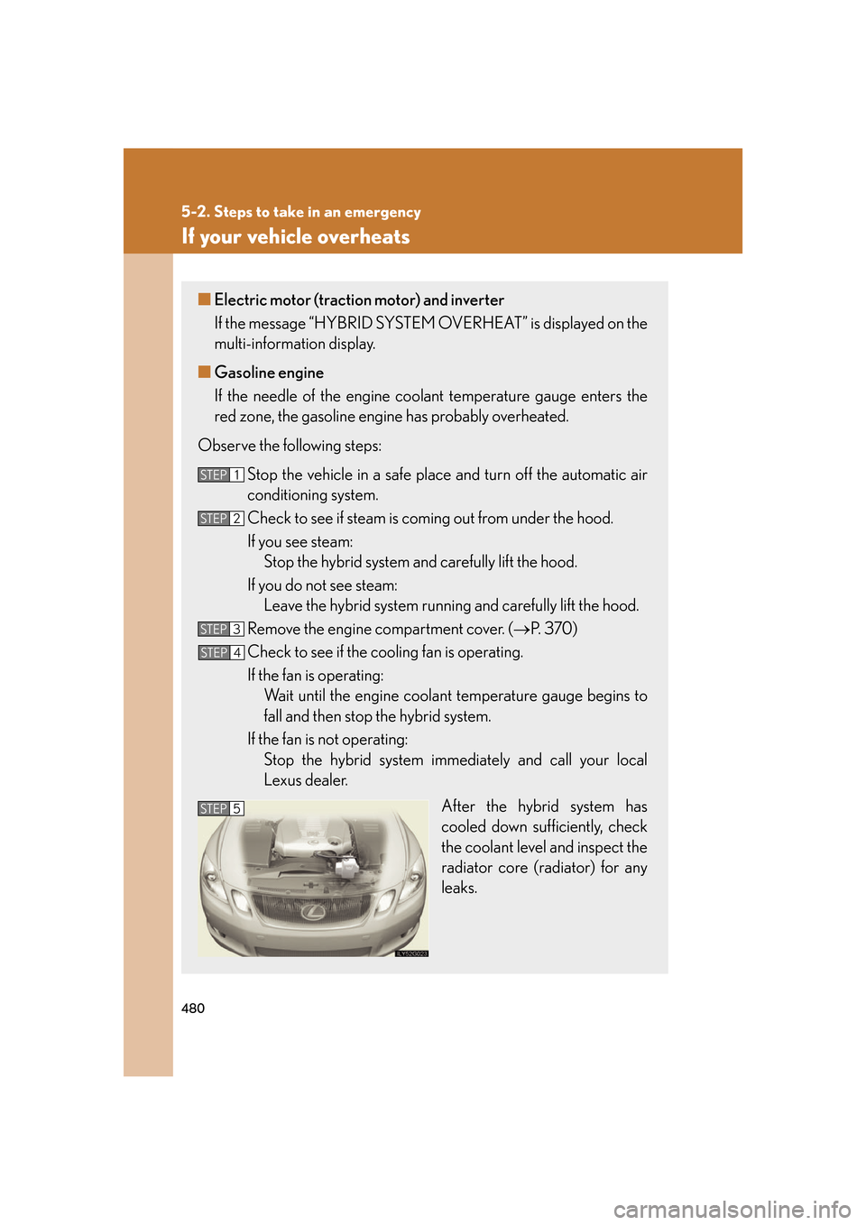 Lexus GS450h 2007  Hybrid system / LEXUS 2007 GS450H FROM JULY 2006 PROD. OWNERS MANUAL (OM30A05U) 480
5-2. Steps to take in an emergency
If your vehicle overheats
■Electric motor (traction motor) and inverter
If the message “HYBRID SYSTEM  OVERHEAT” is displayed on the 
multi-information dis