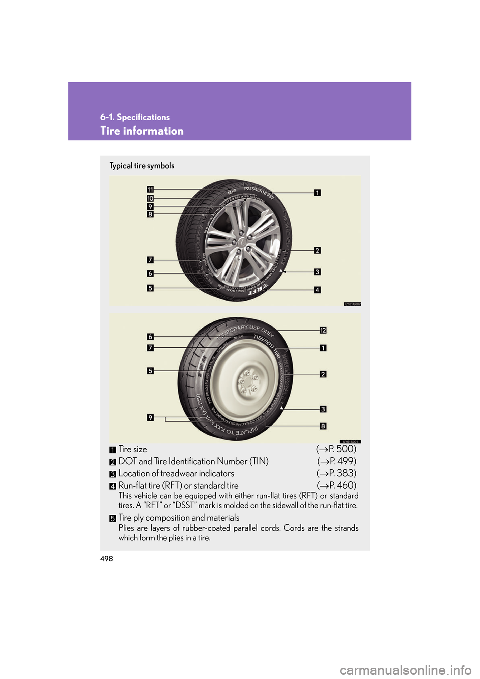 Lexus GS450h 2007 Hybrid system / LEXUS 2007 GS450H FROM JULY 2006 PROD. OWNERS MANUAL (OM30A05U) 498
6-1. Specifications
Tire information
Ty p i c a l t i r e s y m b o l s
Tire size(P. 500)
DOT and Tire Identification Number (TIN) ( P. 4 9 9 )
Location of treadwear indicators ( P. 38 Lexus GS450h 2007 Hybrid system / LEXUS 2007 GS450H FROM JULY 2006 PROD. OWNERS MANUAL (OM30A05U) 498
6-1. Specifications
Tire information
Ty p i c a l t i r e s y m b o l s
Tire size(P. 500)
DOT and Tire Identification Number (TIN) ( P. 4 9 9 )
Location of treadwear indicators ( P. 38