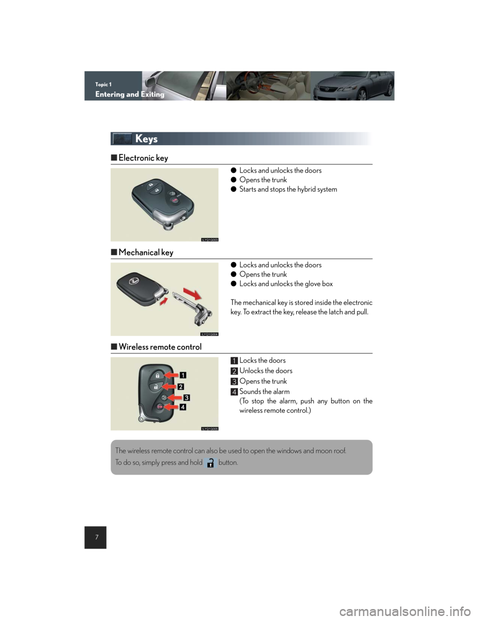 Lexus GS450h 2007  Instrument cluster / LEXUS 2007 GS450H THROUGH JUNE 2006 PROD. QUICK REFERENCE MANUAL Topic 1
Entering and Exiting
7
Keys
nElectronic key
lLocks and unlocks the doors
lOpens the trunk
lStarts and stops the hybrid system
nMechanical key
lLocks and unlocks the doors
lOpens the trunk
lLoc