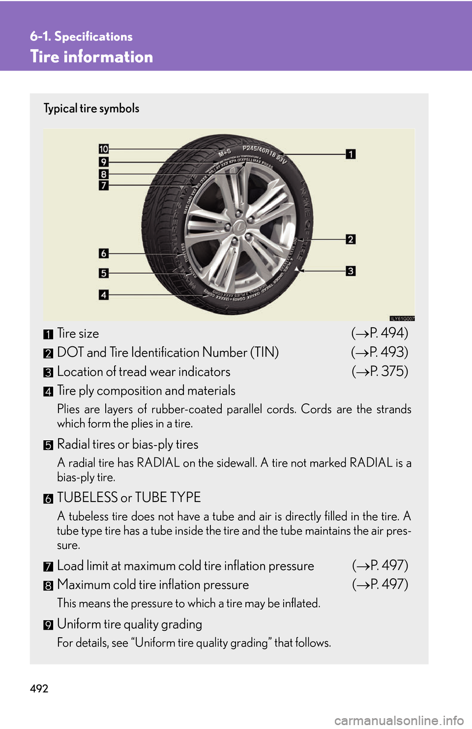 Lexus GS450h 2007 Instrument cluster / LEXUS 2007 GS450H THROUGH JUNE 2006 PROD. OWNERS MANUAL (OM30727U) 492
6-1. Specifications
Tire information
Ty p i c a l t i r e s y m b o l s
Tire size(P. 4 9 4 )
DOT and Tire Identification Number (TIN) ( P. 493 )
Location of tread wear indicators ( P. Lexus GS450h 2007 Instrument cluster / LEXUS 2007 GS450H THROUGH JUNE 2006 PROD. OWNERS MANUAL (OM30727U) 492
6-1. Specifications
Tire information
Ty p i c a l t i r e s y m b o l s
Tire size(P. 4 9 4 )
DOT and Tire Identification Number (TIN) ( P. 493 )
Location of tread wear indicators ( P.