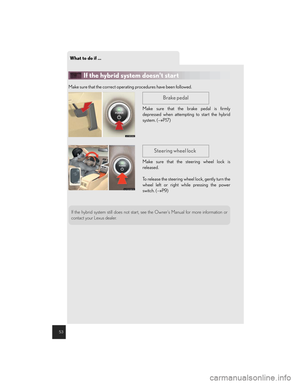 Lexus GS450h 2007 Driving Comfort TOC / LEXUS 2007 GS450H THROUGH JUNE 2006 PROD. QUICK REFERENCE MANUAL What to do if ...
53
If the hybrid system doesnt start
Make sure that the correct operating procedures have been followed.
Make sure that the brake pedal is firmly
depressed when attempting to start Lexus GS450h 2007 Driving Comfort TOC / LEXUS 2007 GS450H THROUGH JUNE 2006 PROD. QUICK REFERENCE MANUAL What to do if ...
53
If the hybrid system doesnt start
Make sure that the correct operating procedures have been followed.
Make sure that the brake pedal is firmly
depressed when attempting to start