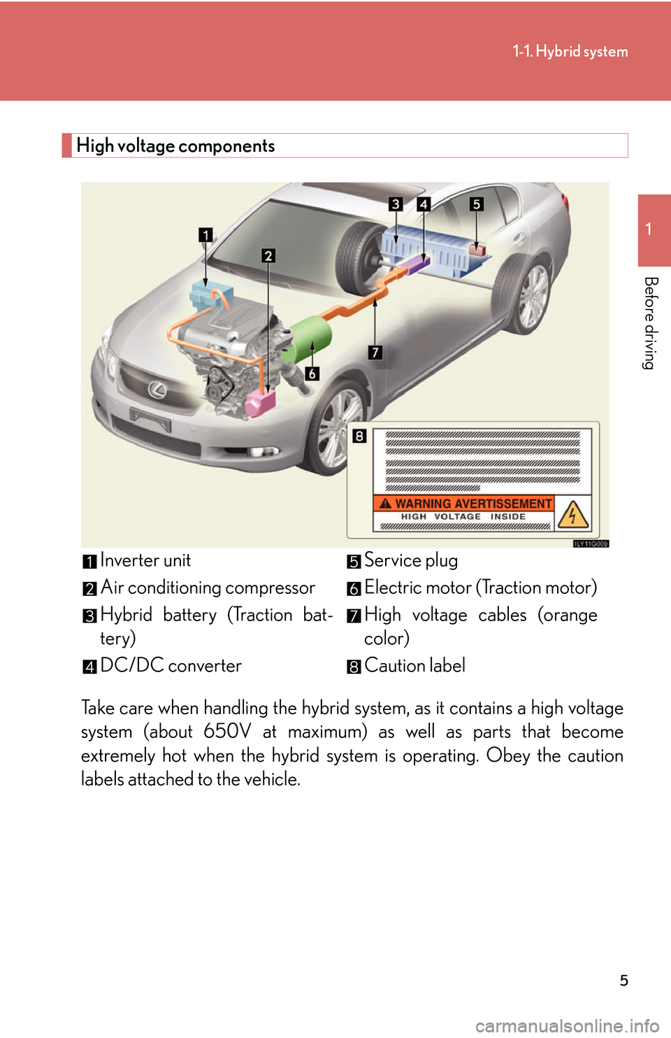 Lexus GS450h 2007 Driving Comfort TOC / LEXUS 2007 GS450H THROUGH JUNE 2006 PROD. (OM30727U) Owners Guide 5
1-1. Hybrid system
1
Before driving
High voltage components
Take care when handling the hybrid system, as it contains a high voltage
system (about 650V at maximum) as well as parts that become
ex Lexus GS450h 2007 Driving Comfort TOC / LEXUS 2007 GS450H THROUGH JUNE 2006 PROD. (OM30727U) Owners Guide 5
1-1. Hybrid system
1
Before driving
High voltage components
Take care when handling the hybrid system, as it contains a high voltage
system (about 650V at maximum) as well as parts that become
ex