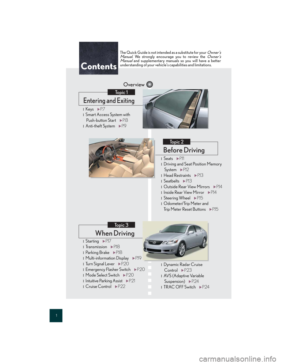 Lexus GS450h 2007 Driving Comfort TOC / LEXUS 2007 GS450H FROM JULY 2006 PROD. QUICK REFERENCE MANUAL 1
When Driving
Topic 3
Overview
Contents
Entering and Exiting
Topic 1
Before Driving
Topic 2
lStartingP.1 7
lTransmissionP.1 8
lParking BrakeP.1 8
lMulti-information DisplayP.1 9
lTu r n S i g n a l Lexus GS450h 2007 Driving Comfort TOC / LEXUS 2007 GS450H FROM JULY 2006 PROD. QUICK REFERENCE MANUAL 1
When Driving
Topic 3
Overview
Contents
Entering and Exiting
Topic 1
Before Driving
Topic 2
lStartingP.1 7
lTransmissionP.1 8
lParking BrakeP.1 8
lMulti-information DisplayP.1 9
lTu r n S i g n a l