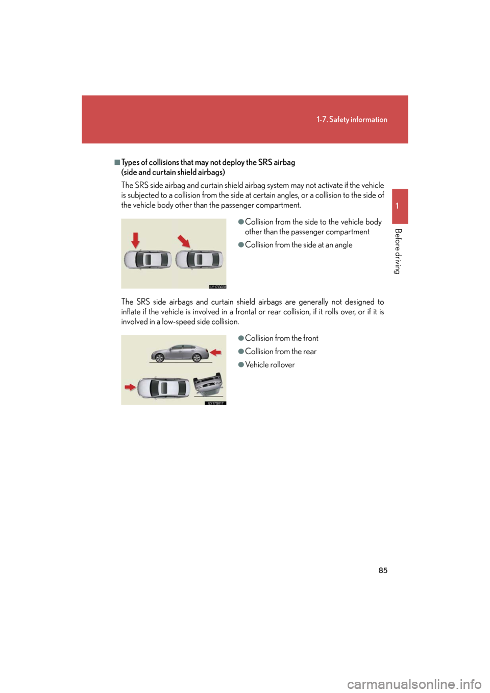 Lexus GS460 2008 Scheduled Maintenace Guide / LEXUS 2008 GS460/350 (OM30A87U) Manual Online 85
1-7. Safety information
1
Before driving
GS_G_U
May 13, 2008 5:14 pm
■Types of collisions that may not deploy the SRS airbag
(side and curtain shield airbags)
The SRS side airbag and curtain Lexus GS460 2008 Scheduled Maintenace Guide / LEXUS 2008 GS460/350 (OM30A87U) Manual Online 85
1-7. Safety information
1
Before driving
GS_G_U
May 13, 2008 5:14 pm
■Types of collisions that may not deploy the SRS airbag
(side and curtain shield airbags)
The SRS side airbag and curtain