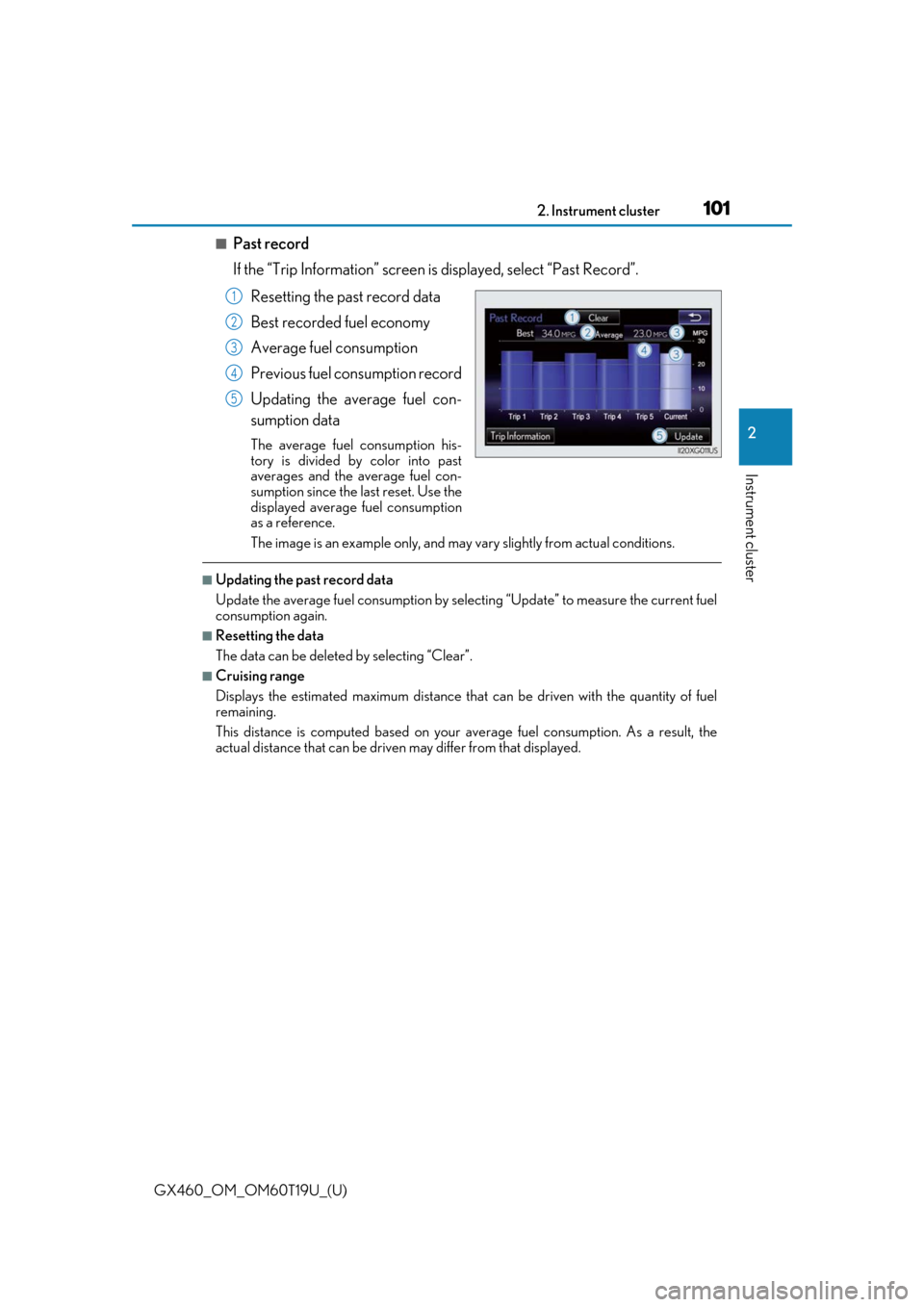 Lexus GX460 2021  Owners Manual / GX460_OM_OM60T19U_(U)
1012. Instrument cluster
2
Instrument cluster
■Past record
If the “Trip Information” screen is displayed, select “Past Record”.
Resetting the past record data
Best reco