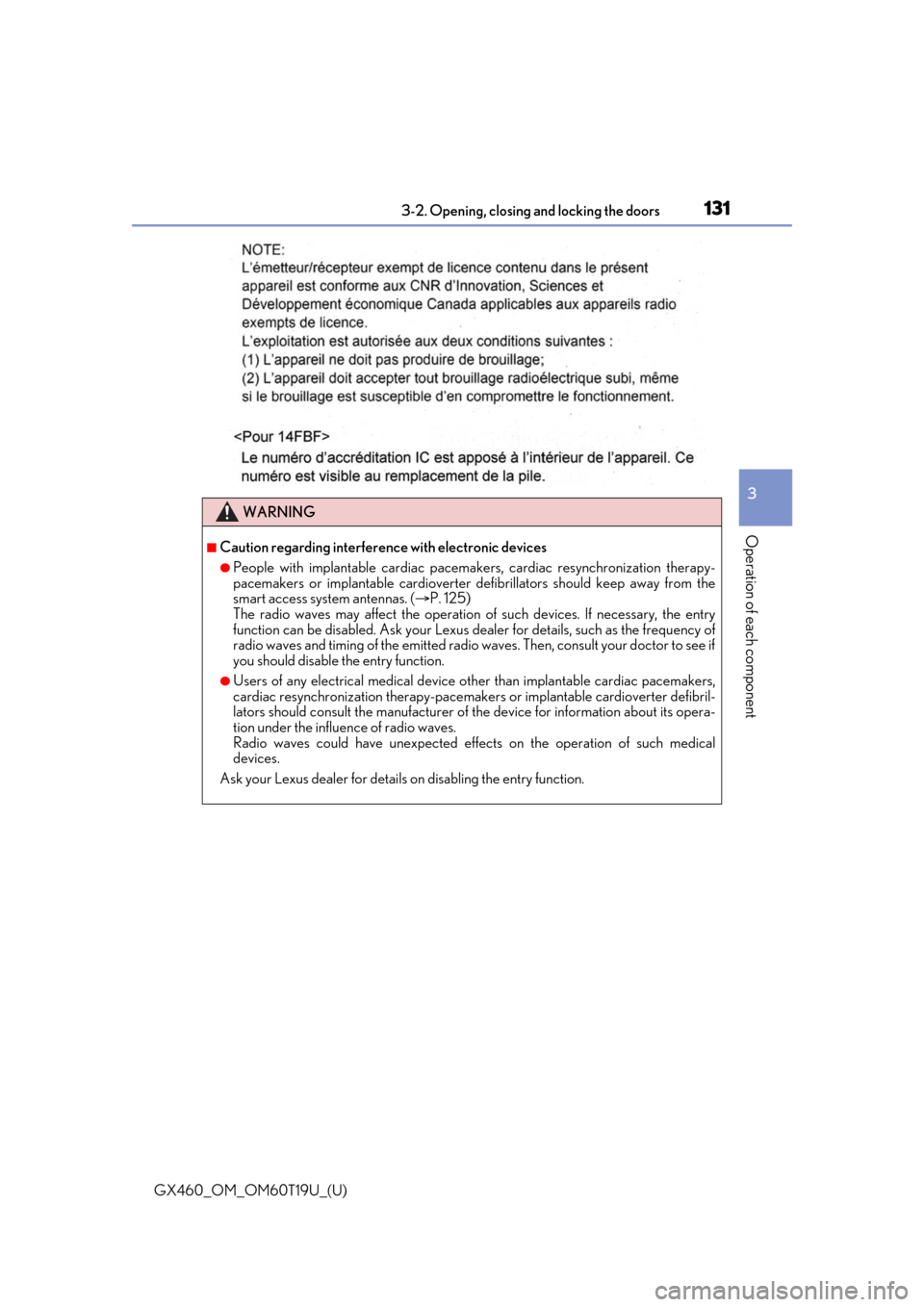 Lexus GX460 2021  Owners Manual / GX460_OM_OM60T19U_(U)
1313-2. Opening, closing and locking the doors
3
Operation of each component
WARNING
■Caution regarding interference with electronic devices
●People with implantable cardiac 