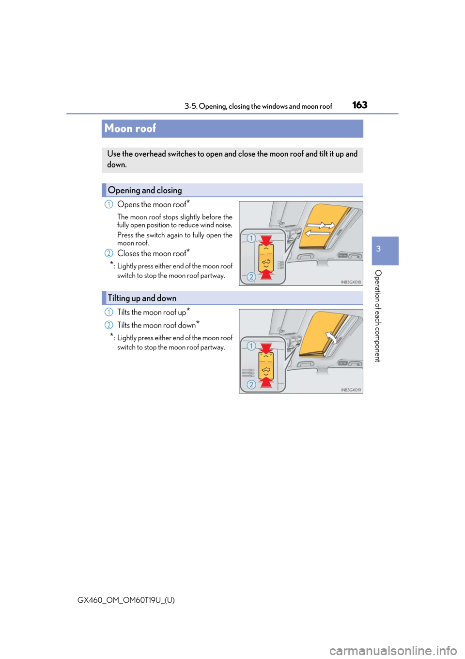 Lexus GX460 2021  Owners Manual / 163
GX460_OM_OM60T19U_(U)3-5. Opening, closing the windows and moon roof
3
Operation of each component
Moon roof
Opens the moon roof*
The moon roof stops slightly before the
fully open position to red
