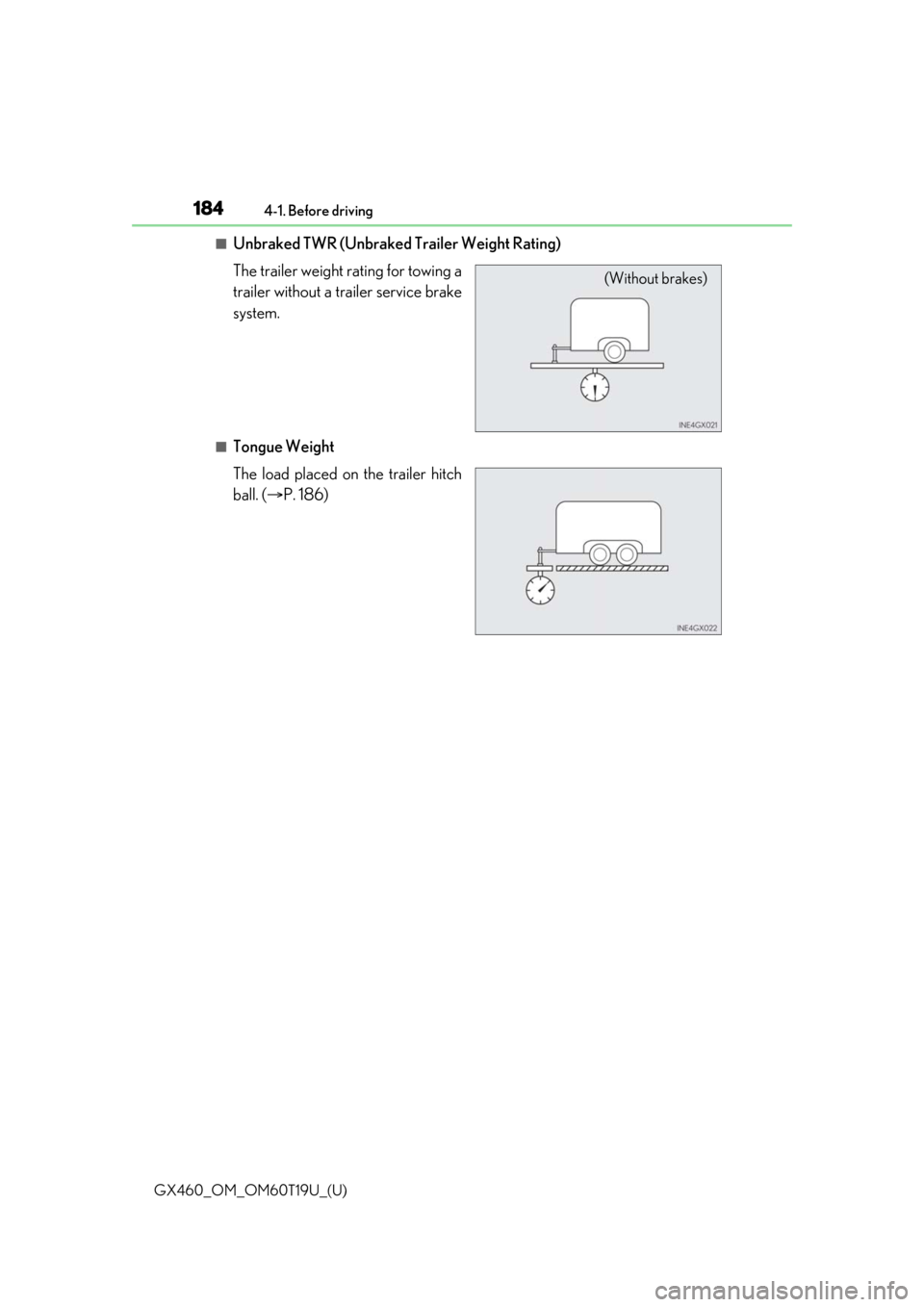 Lexus GX460 2021   / LEXUS 2021 GX460  (OM60T19U) User Guide 184
GX460_OM_OM60T19U_(U)4-1. Before driving
■Unbraked TWR (Unbraked Trailer Weight Rating)
The trailer weight rating for towing a
trailer without a trailer service brake
system.
■Tongue Weight
Th