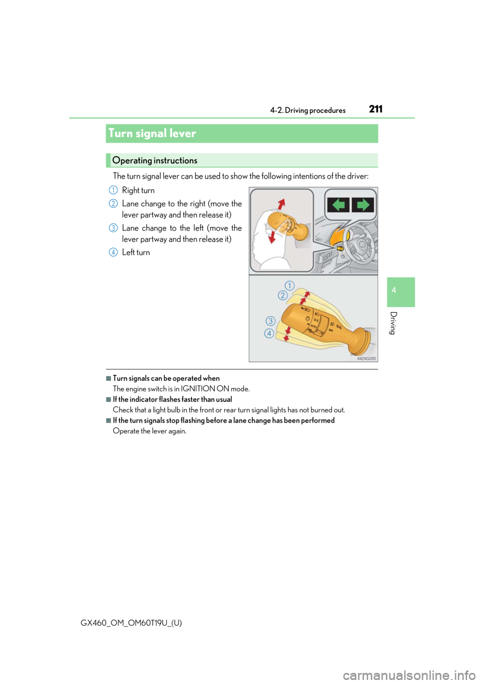 Lexus GX460 2021   / LEXUS 2021 GX460  (OM60T19U) Manual PDF 211
GX460_OM_OM60T19U_(U)4-2. Driving procedures
4
Driving
Turn signal lever
The turn signal lever can be used to show
 the following intentions of the driver:
Right turn
Lane change to the right (mov