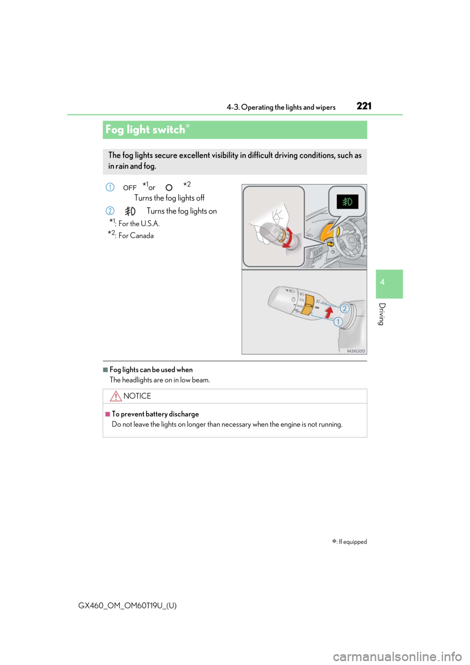 Lexus GX460 2021   / LEXUS 2021 GX460  (OM60T19U) Manual PDF 221
GX460_OM_OM60T19U_(U)4-3. Operating the lights and wipers
4
Driving
Fog light switch
*1or  *2
Turns the fog lights off
Turns the fog lights on
*1: For the U.S.A.
*2:For Canada
■Fog lights can