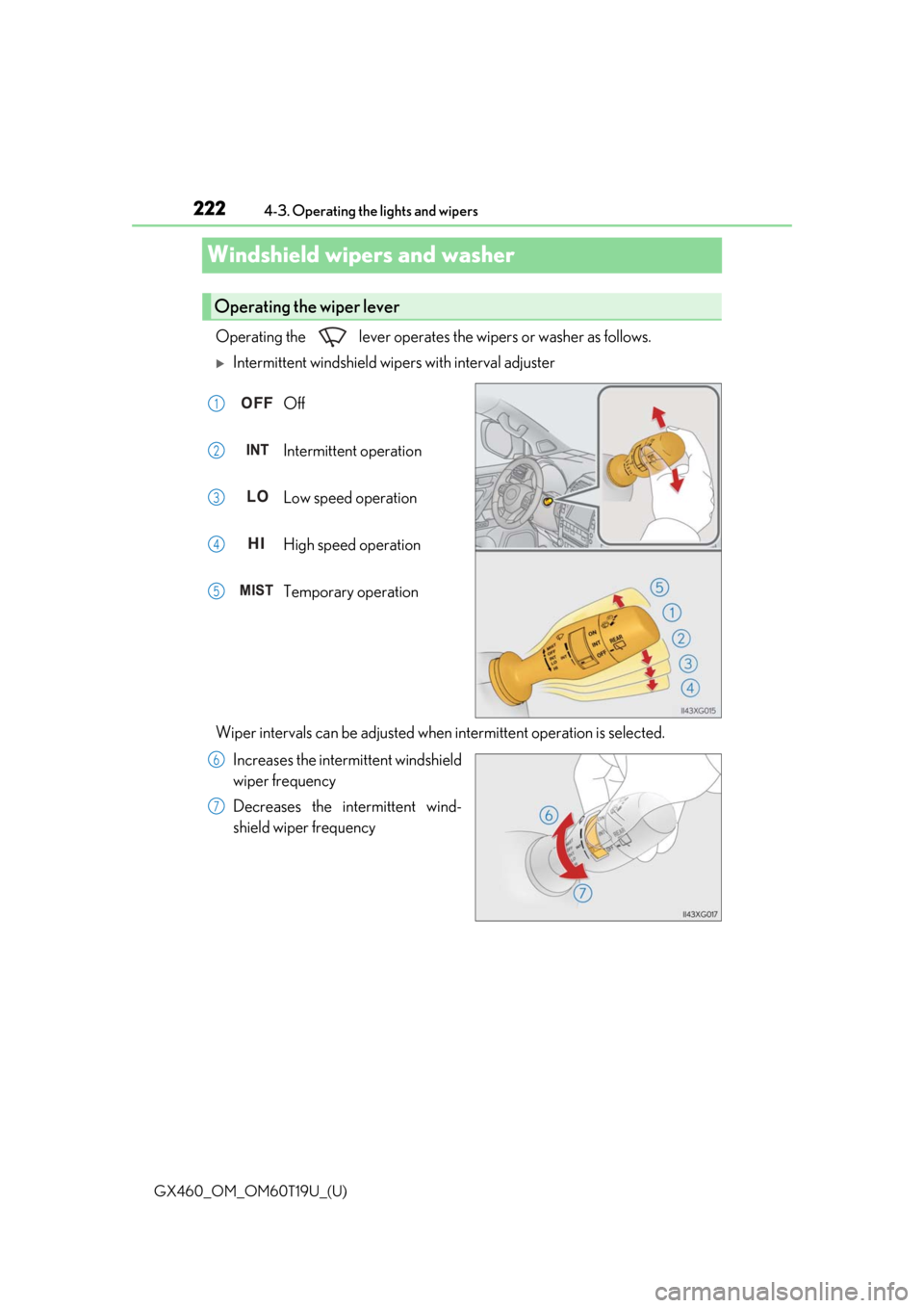 Lexus GX460 2021  Owners Manual / 222
GX460_OM_OM60T19U_(U)4-3. Operating the lights and wipers
Windshield wipers and washer
Operating the   lever operates th
e wipers or washer as follows.
Intermittent windshield wipers with inter