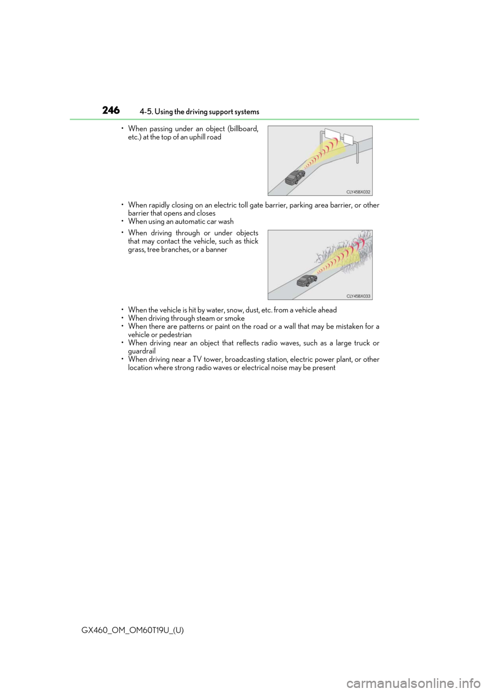 Lexus GX460 2021  Owners Manual / LEXUS 2021 GX460 OWNERS MANUAL (OM60T19U) 246
GX460_OM_OM60T19U_(U)4-5. Using the driving support systems
• When rapidly closing on an electric toll ga te barrier, parking area barrier, or other
barrier that opens and closes
• When using 