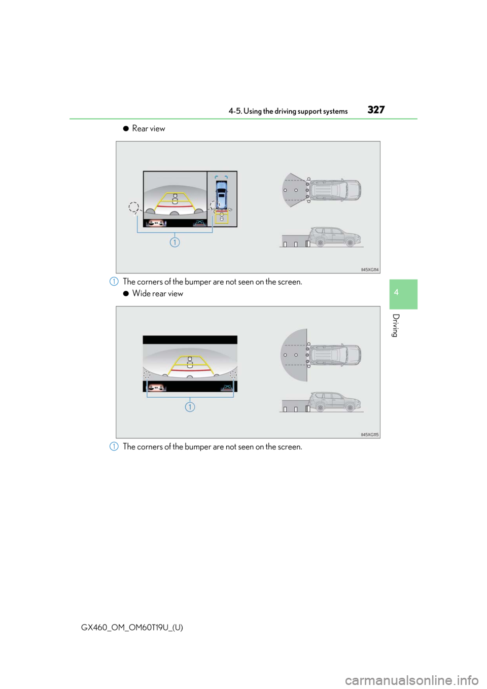 Lexus GX460 2021  Owners Manual / GX460_OM_OM60T19U_(U)
3274-5. Using the driving support systems
4
Driving
●Rear view
The corners of the bumper are not seen on the screen.
●Wide rear view
The corners of the bumper are not seen on