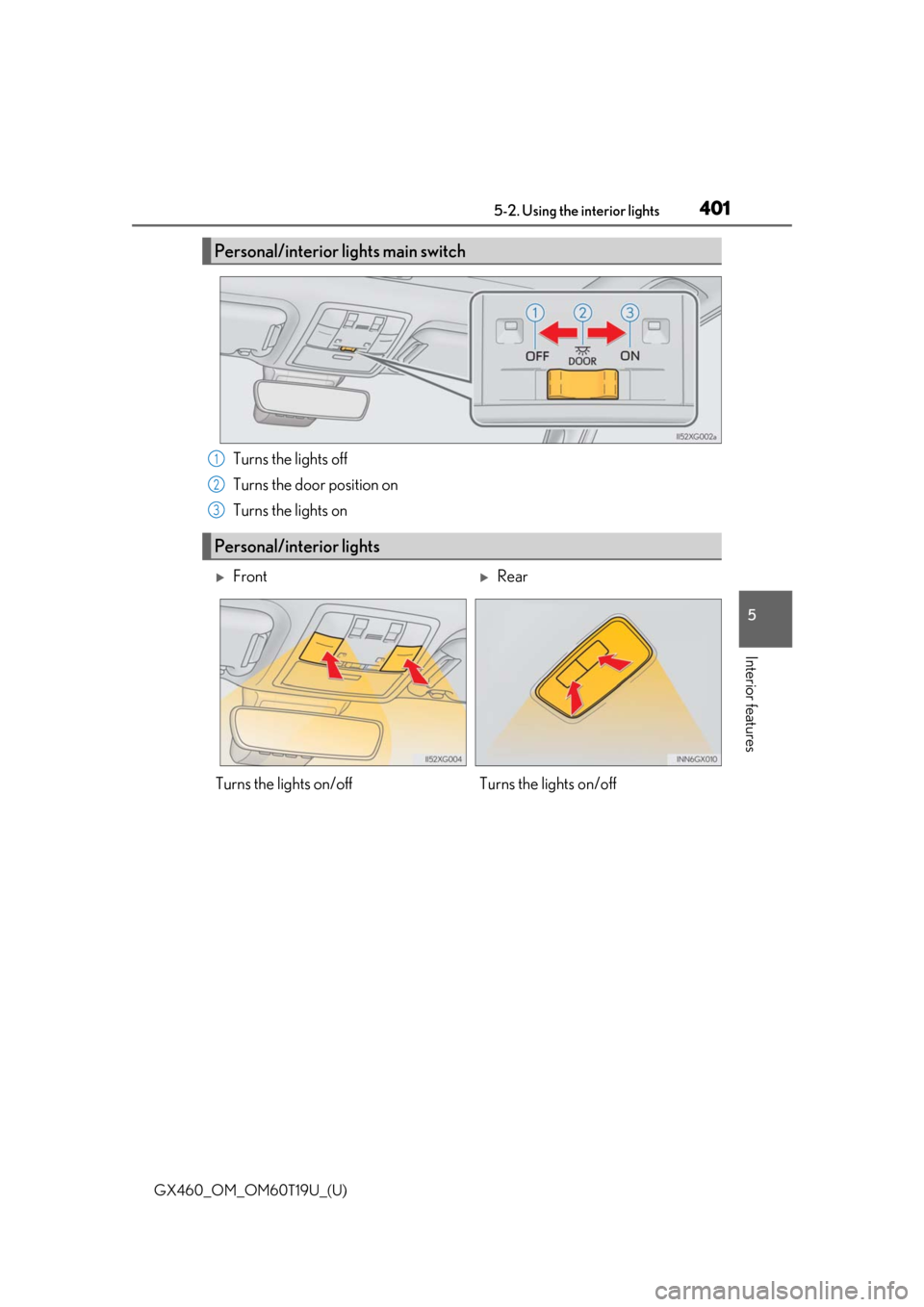 Lexus GX460 2021  Owners Manual / GX460_OM_OM60T19U_(U)
4015-2. Using the interior lights
5
Interior features
Turns the lights off
Turns the door position on
Turns the lights on
Personal/interior lights main switch
Personal/interior l