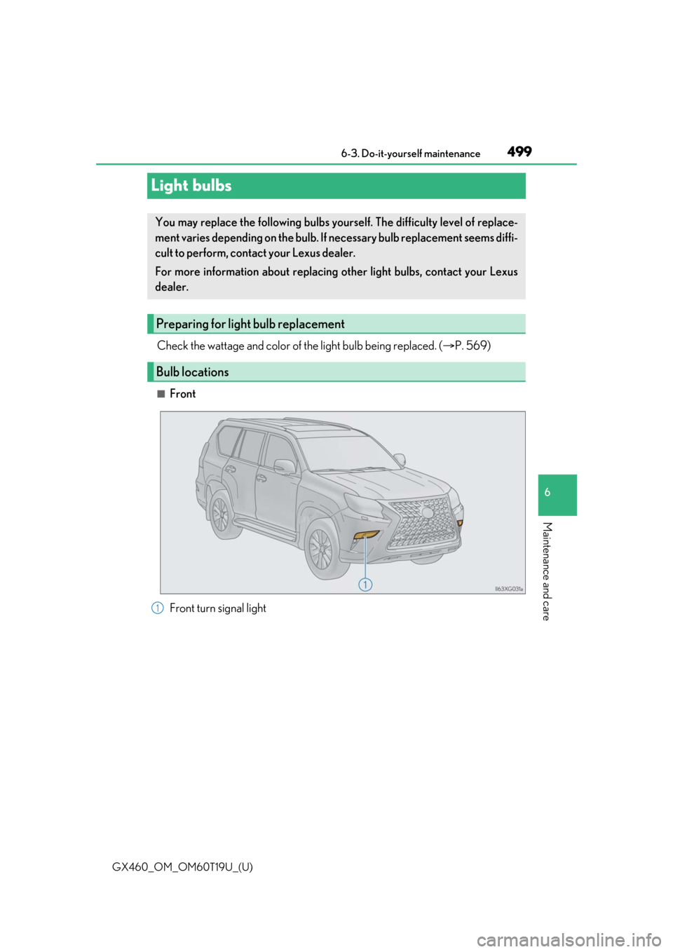 Lexus GX460 2021  Owners Manual / LEXUS 2021 GX460 OWNERS MANUAL (OM60T19U) 499
GX460_OM_OM60T19U_(U)6-3. Do-it-yourself maintenance
6
Maintenance and care
Light bulbs
Check the wattage and color of the light bulb being replaced. (
P. 569)
■Front
Front turn signal light
