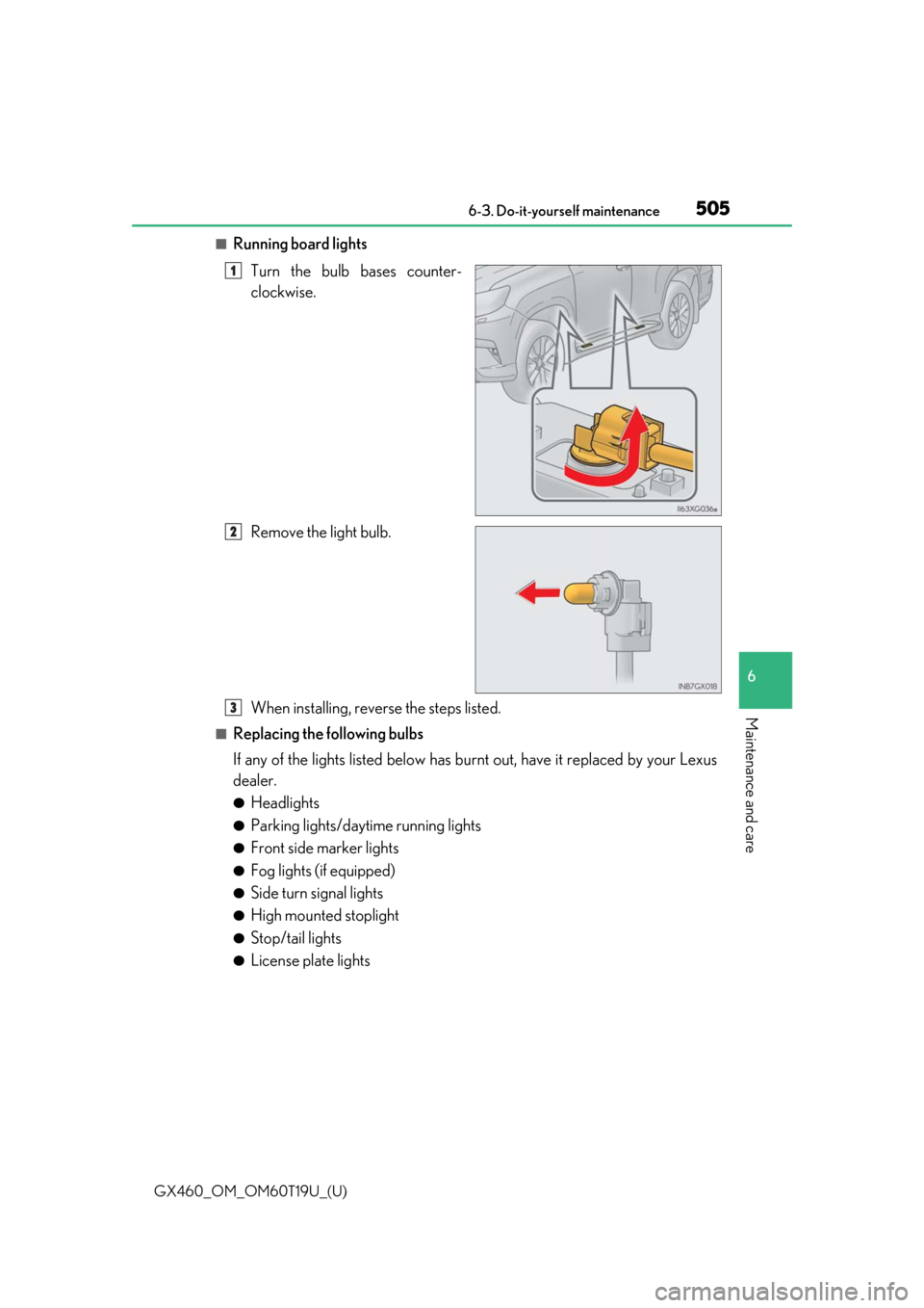 Lexus GX460 2021  Owners Manual / GX460_OM_OM60T19U_(U)
5056-3. Do-it-yourself maintenance
6
Maintenance and care
■Running board lightsTurn the bulb bases counter-
clockwise.
Remove the light bulb.
When installing, reverse the steps