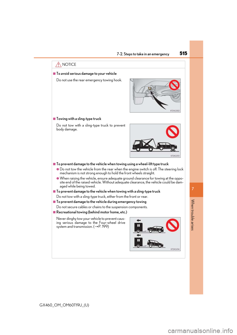 Lexus GX460 2021  Owners Manual / LEXUS 2021 GX460 OWNERS MANUAL (OM60T19U) 5157-2. Steps to take in an emergency
GX460_OM_OM60T19U_(U)
7
When trouble arises
NOTICE
■To avoid serious damage to your vehicle
■Towing with a sling-type truck
■To prevent damage to the vehicl