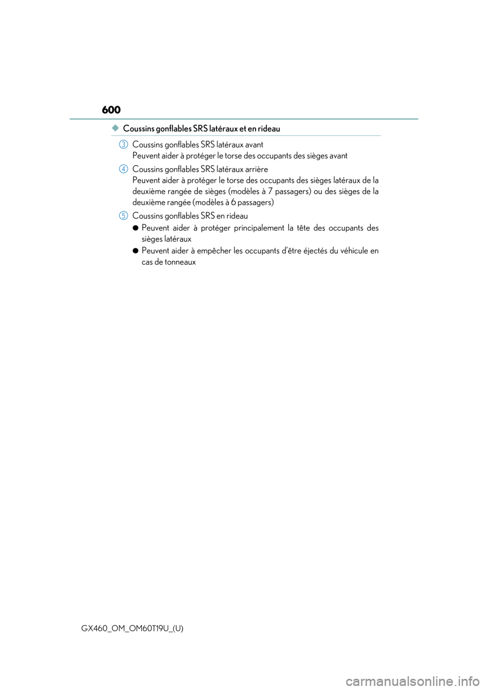 Lexus GX460 2021  Owners Manual / LEXUS 2021 GX460 OWNERS MANUAL (OM60T19U) 600
GX460_OM_OM60T19U_(U)
◆Coussins gonflables SRS latéraux et en rideauCoussins gonflables SRS latéraux avant 
Peuvent aider à protéger le torse des occupants des sièges avant
Coussins gonflab