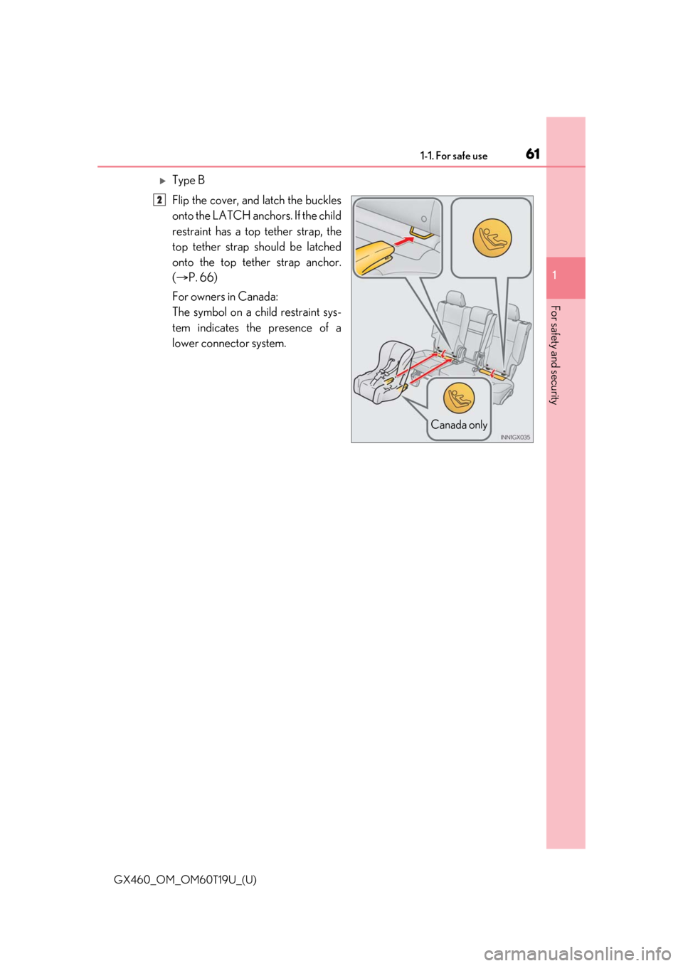 Lexus GX460 2021   / LEXUS 2021 GX460  (OM60T19U) Repair Manual 611-1. For safe use
GX460_OM_OM60T19U_(U)
1
For safety and security
Type B
Flip the cover, and latch the buckles
onto the LATCH anchors. If the child
restraint has a top tether strap, the
top tethe