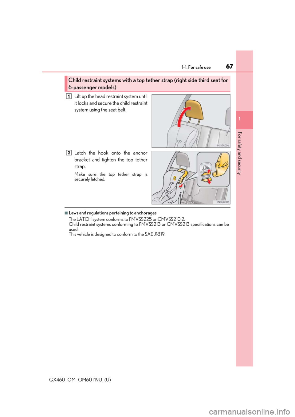 Lexus GX460 2021   / LEXUS 2021 GX460  (OM60T19U) Repair Manual 671-1. For safe use
GX460_OM_OM60T19U_(U)
1
For safety and security
Lift up the head restraint system until
it locks and secure the child restraint
system using the seat belt.
Latch the hook onto the 