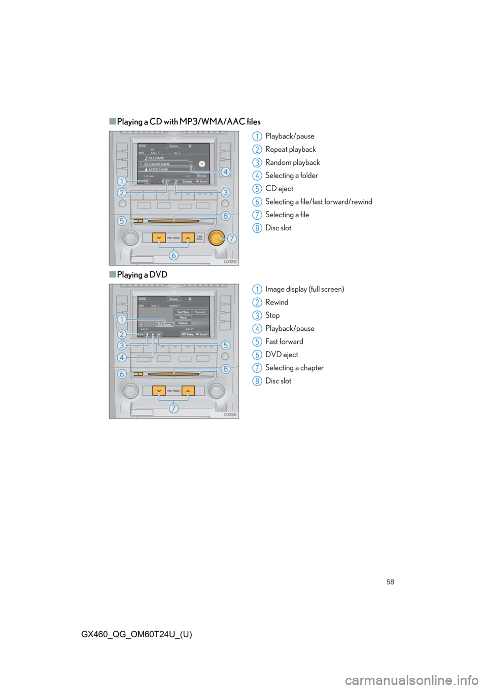 Lexus GX460 2021   / LEXUS 2021 GX460  QUICK GUIDE (OM60T24U) Workshop Manual 58
GX460_QG_OM60T24U_(U)
■Playing a CD with MP3/WMA/AAC files
Playback/pause
Repeat playback
Random playback
Selecting a folder
CD eject
Selecting a file/fast forward/rewind
Selecting a file
Disc sl