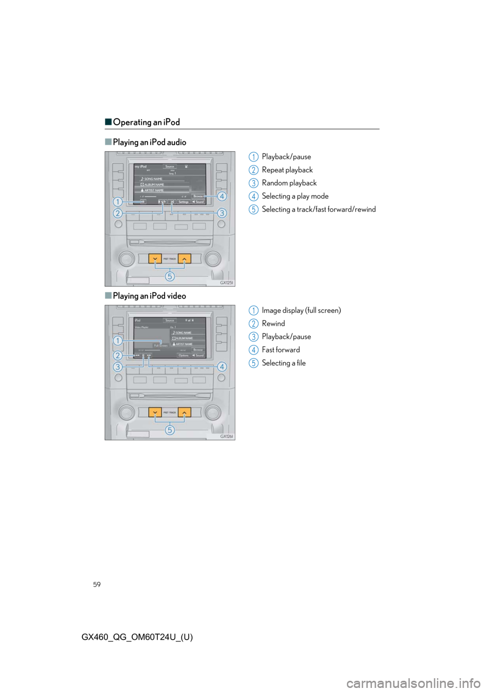 Lexus GX460 2021   / LEXUS 2021 GX460  QUICK GUIDE (OM60T24U) Workshop Manual 59
GX460_QG_OM60T24U_(U)
■Operating an iPod
■
Playing an iPod audio
Playback/pause
Repeat playback
Random playback
Selecting a play mode
Selecting a track/fast forward/rewind
■Playing an iPod vi