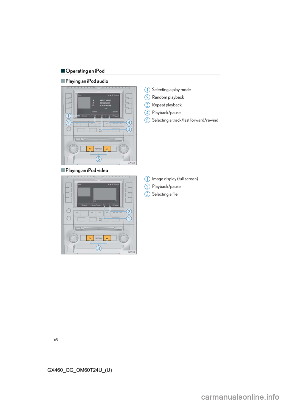 Lexus GX460 2021   / LEXUS 2021 GX460  QUICK GUIDE (OM60T24U) Repair Manual 69
GX460_QG_OM60T24U_(U)
■Operating an iPod
■
Playing an iPod audio
Selecting a play mode
Random playback
Repeat playback
Playback/pause
Selecting a track/fast forward/rewind
■Playing an iPod vi