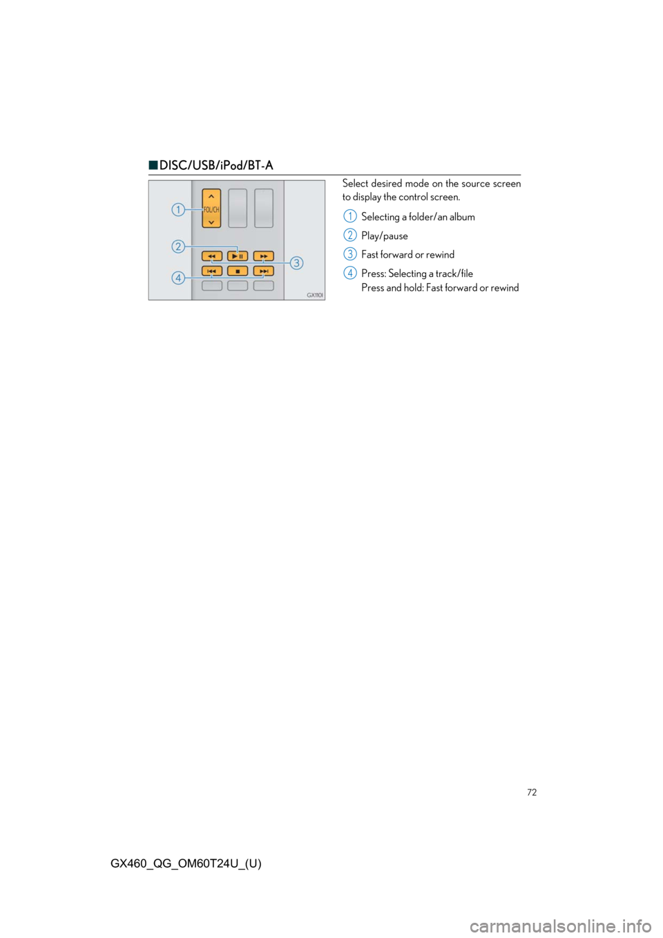 Lexus GX460 2021   / LEXUS 2021 GX460  QUICK GUIDE (OM60T24U) Manual PDF 72
GX460_QG_OM60T24U_(U)
■DISC/USB/iPod/BT-A
Select desired mode on the source screen
to display the control screen.
Selecting a folder/an album
Play/pause
Fast forward or rewind
Press: Selecting a 