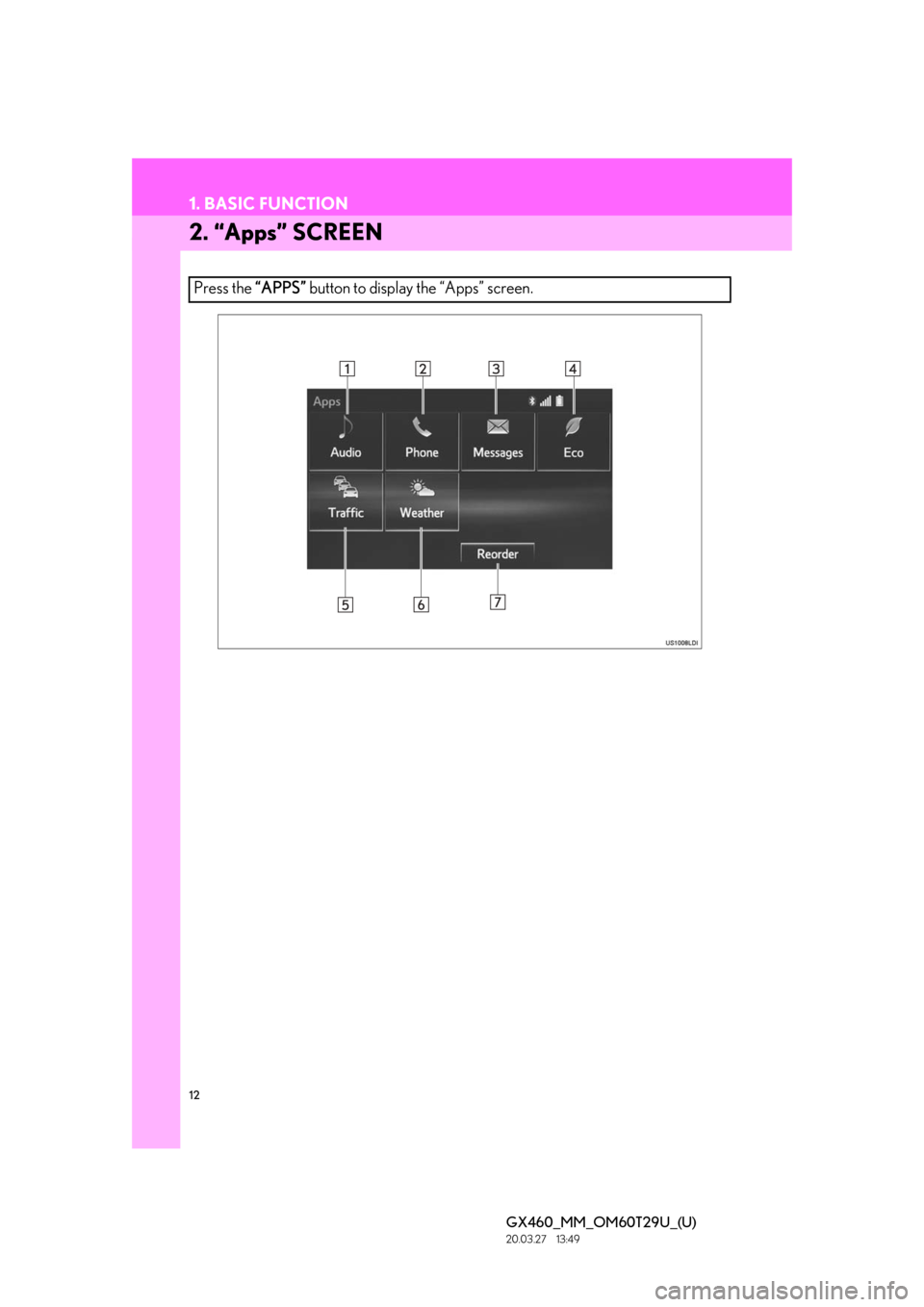 Lexus GX460 2021  Owners Manual / LEXUS 2021 GX460 MULTIMEDIA OWNERS MANUAL (OM60T29U) 12
1. BASIC FUNCTION
GX460_MM_OM60T29U_(U)20.03.27     13:49
2. “Apps” SCREEN
Press the “APPS” button to display the “Apps” screen. 