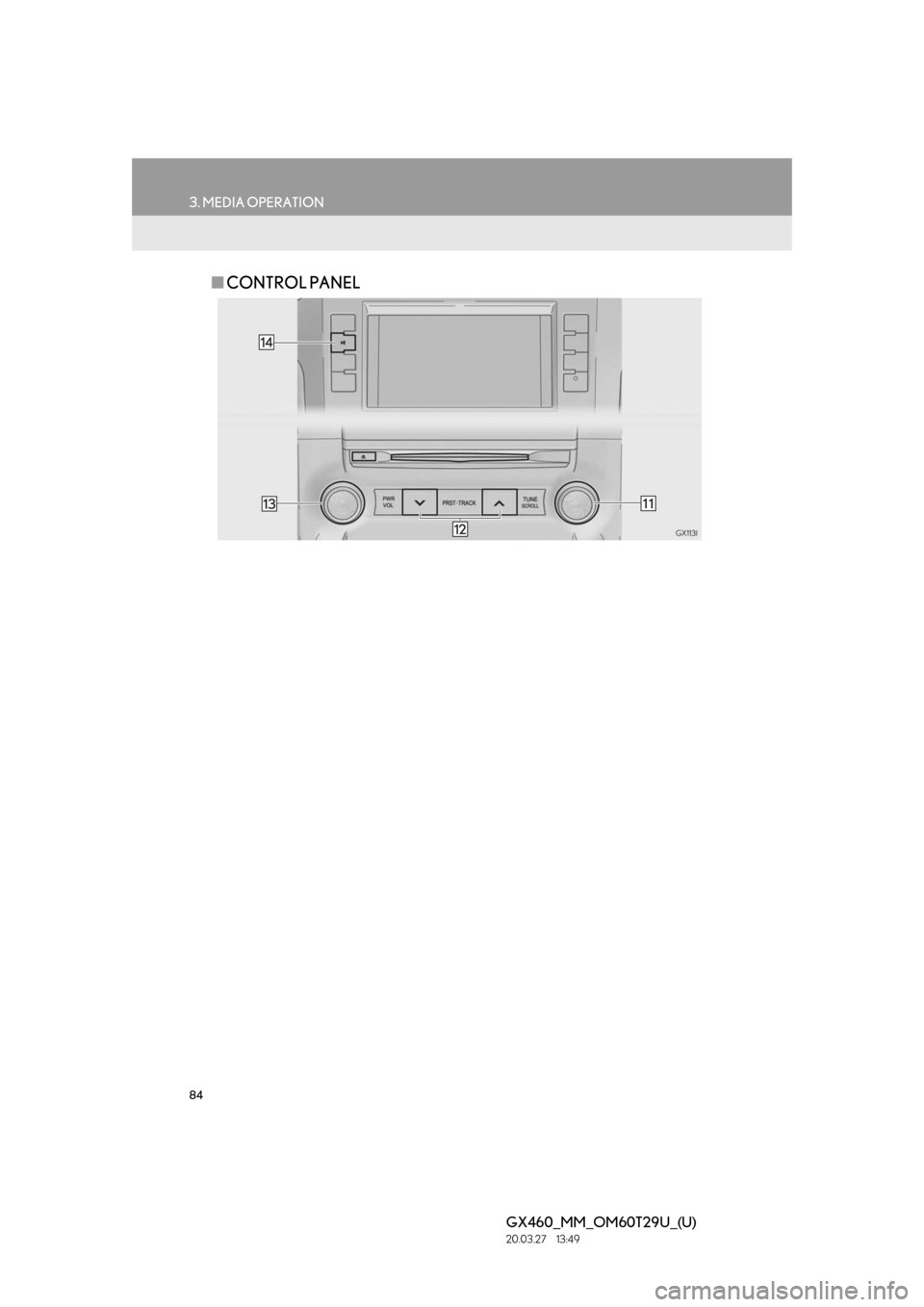 Lexus GX460 2021   / LEXUS 2021 GX460 MULTIMEDIA  (OM60T29U) Manual Online 84
3. MEDIA OPERATION
GX460_MM_OM60T29U_(U)20.03.27     13:49
■CONTROL PANEL 