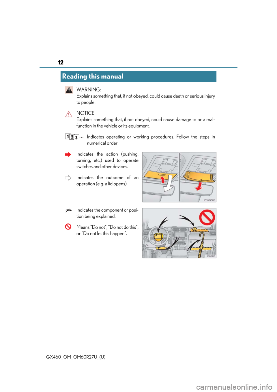 Lexus GX460 2020 / LEXUS 2020 GX460 (OM60R27U) User Guide 12
GX460_OM_OM60R27U_(U)
Reading this manual
WARNING:
Explains something that, if not obeyed, could cause death or serious injury
to people.
NOTICE:
Explains something that, if not obey ed, could ca Lexus GX460 2020 / LEXUS 2020 GX460 (OM60R27U) User Guide 12
GX460_OM_OM60R27U_(U)
Reading this manual
WARNING:
Explains something that, if not obeyed, could cause death or serious injury
to people.
NOTICE:
Explains something that, if not obey ed, could ca