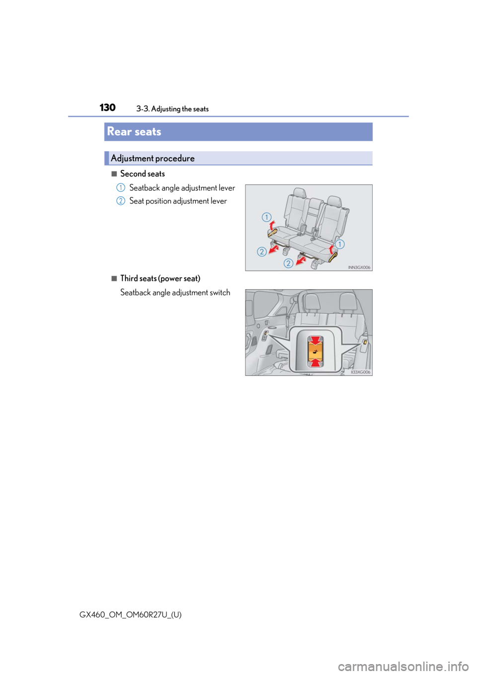Lexus GX460 2020  Owners Manual / LEXUS 2020 GX460 OWNERS MANUAL (OM60R27U) 130
GX460_OM_OM60R27U_(U)3-3. Adjusting the seats
Rear seats
■Second seats
Seatback angle adjustment lever
Seat position adjustment lever
■Third seats (power seat)
Seatback angle adjustment switch