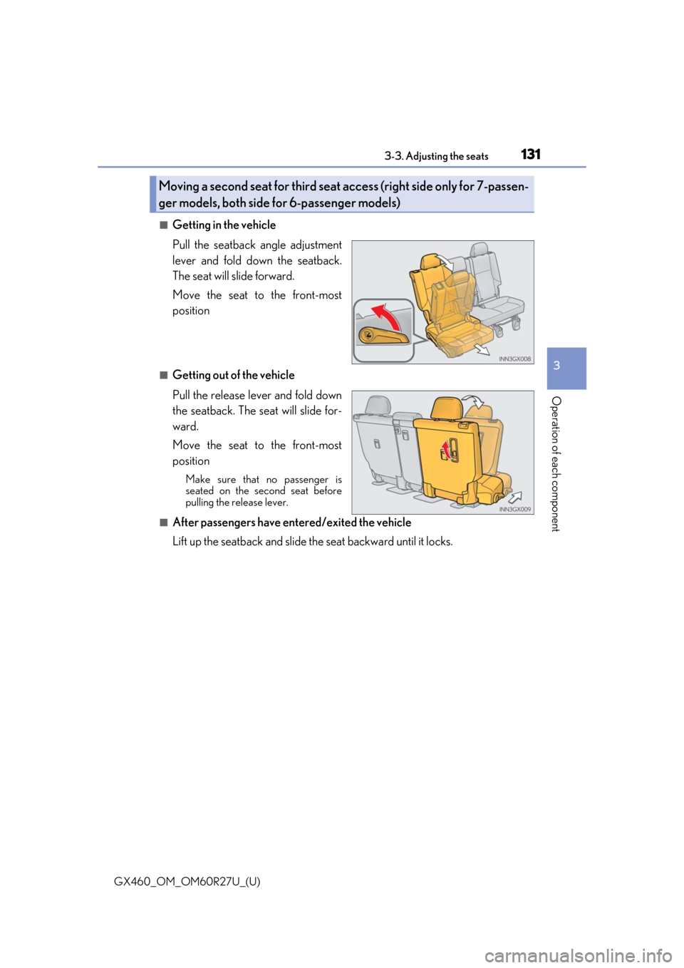 Lexus GX460 2020  Owners Manual / LEXUS 2020 GX460 OWNERS MANUAL (OM60R27U) GX460_OM_OM60R27U_(U)
1313-3. Adjusting the seats
3
Operation of each component
■Getting in the vehicle
Pull the seatback angle adjustment
lever and fold down the seatback.
The seat will slide forwa