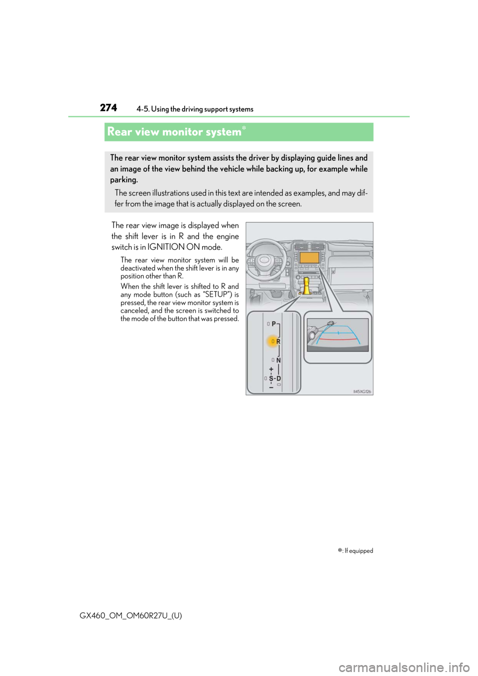 Lexus GX460 2020  Owners Manual / LEXUS 2020 GX460 OWNERS MANUAL (OM60R27U) 274
GX460_OM_OM60R27U_(U)4-5. Using the driving support systems
Rear view monitor system
The rear view image is displayed when
the shift lever is in R and the engine
switch is in IGNITION ON mode.
