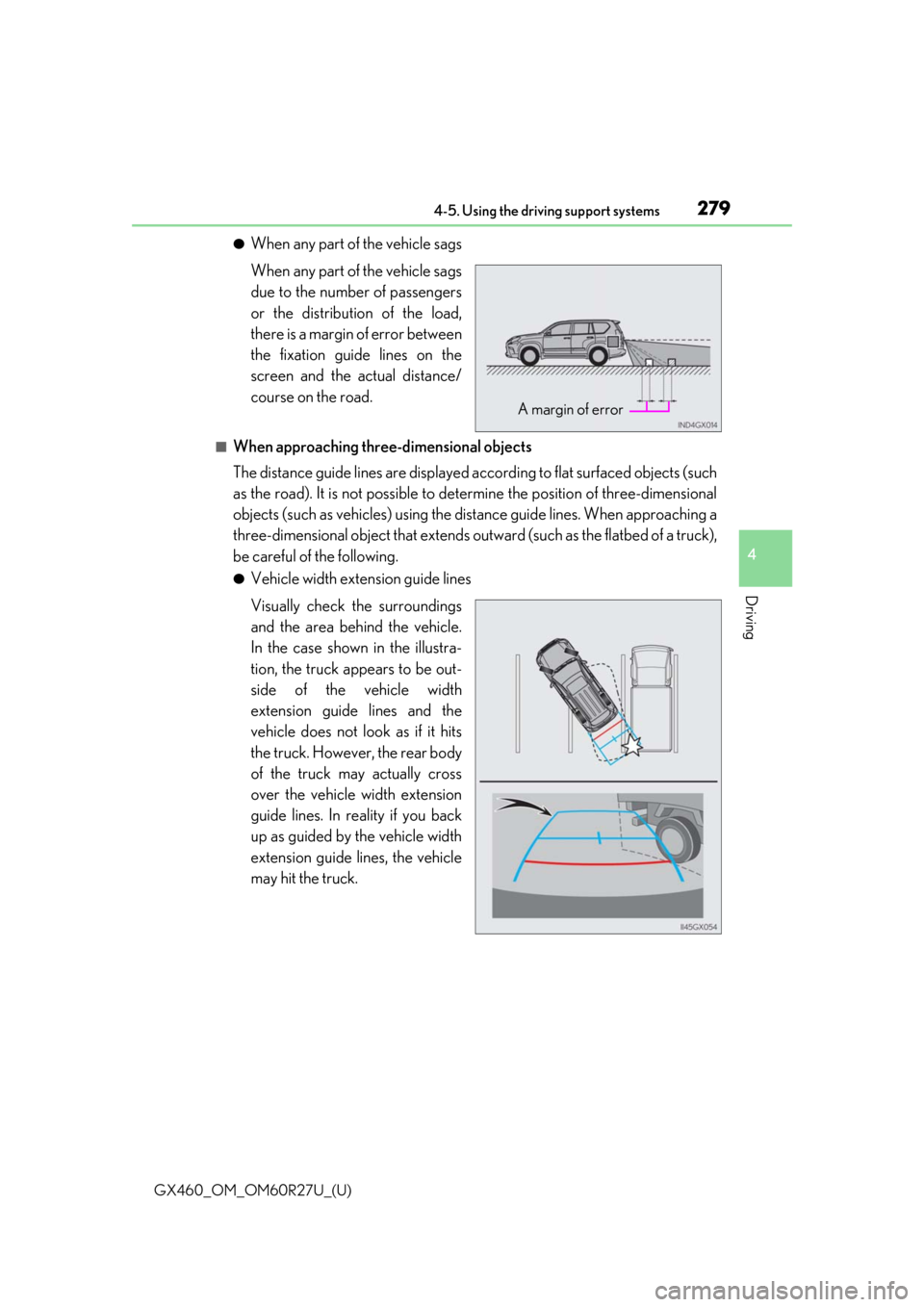 Lexus GX460 2020 Owners Manual / LEXUS 2020 GX460 OWNERS MANUAL (OM60R27U) GX460_OM_OM60R27U_(U)
2794-5. Using the driving support systems
4
Driving
●When any part of the vehicle sags
When any part of the vehicle sags
due to the number of passengers
or the distribution of Lexus GX460 2020 Owners Manual / LEXUS 2020 GX460 OWNERS MANUAL (OM60R27U) GX460_OM_OM60R27U_(U)
2794-5. Using the driving support systems
4
Driving
●When any part of the vehicle sags
When any part of the vehicle sags
due to the number of passengers
or the distribution of