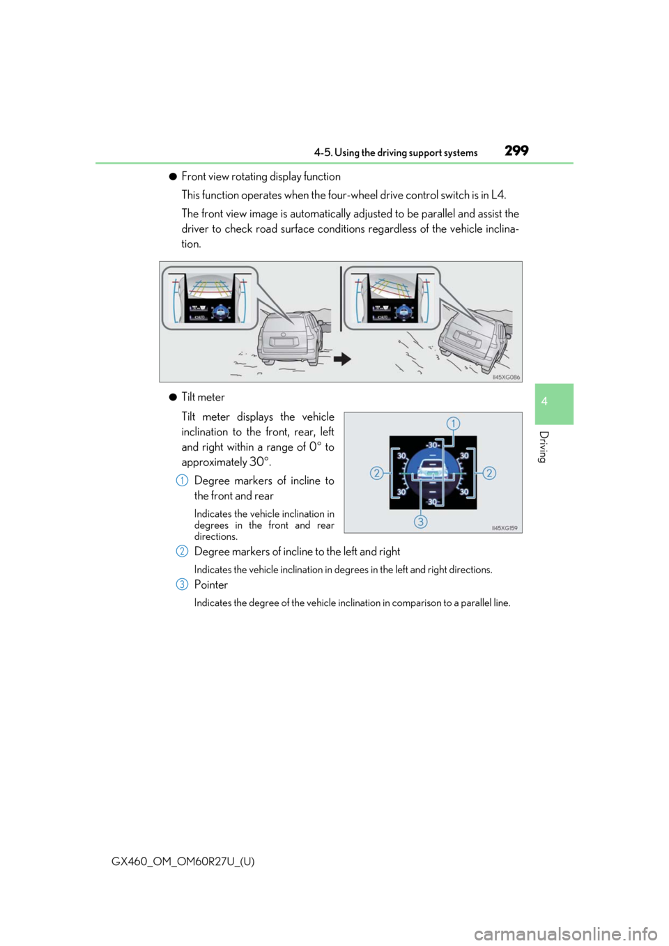 Lexus GX460 2020 / LEXUS 2020 GX460 (OM60R27U) Manual PDF GX460_OM_OM60R27U_(U)
2994-5. Using the driving support systems
4
Driving
●Front view rotating display function
This function operates when the four-wheel drive control switch is in L4.
The front vi Lexus GX460 2020 / LEXUS 2020 GX460 (OM60R27U) Manual PDF GX460_OM_OM60R27U_(U)
2994-5. Using the driving support systems
4
Driving
●Front view rotating display function
This function operates when the four-wheel drive control switch is in L4.
The front vi