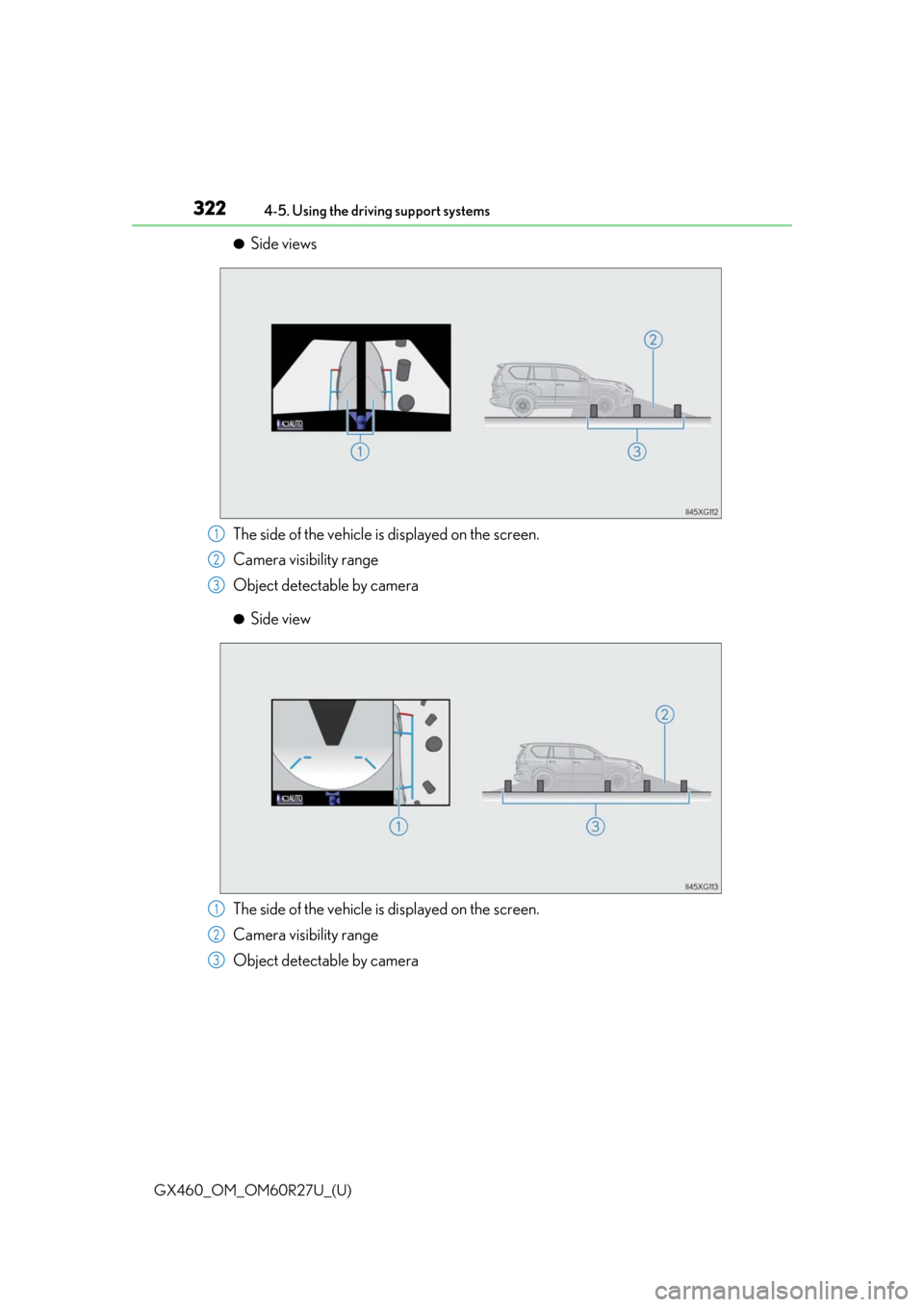 Lexus GX460 2020   / LEXUS 2020 GX460  (OM60R27U) Manual Online 322
GX460_OM_OM60R27U_(U)4-5. Using the driving support systems
●Side views
The side of the vehicle is displayed on the screen.
Camera visibility range
Object detectable by camera
●Side view
The s