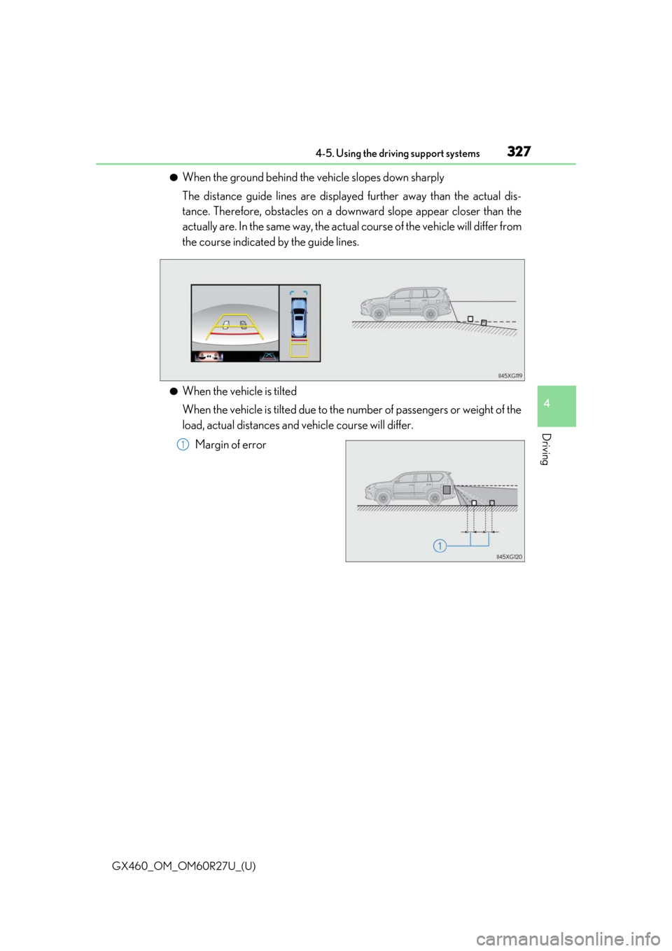 Lexus GX460 2020 / LEXUS 2020 GX460 (OM60R27U) Owners Manual GX460_OM_OM60R27U_(U)
3274-5. Using the driving support systems
4
Driving
●When the ground behind the vehicle slopes down sharply
The distance guide lines are displayed further away than the actual Lexus GX460 2020 / LEXUS 2020 GX460 (OM60R27U) Owners Manual GX460_OM_OM60R27U_(U)
3274-5. Using the driving support systems
4
Driving
●When the ground behind the vehicle slopes down sharply
The distance guide lines are displayed further away than the actual